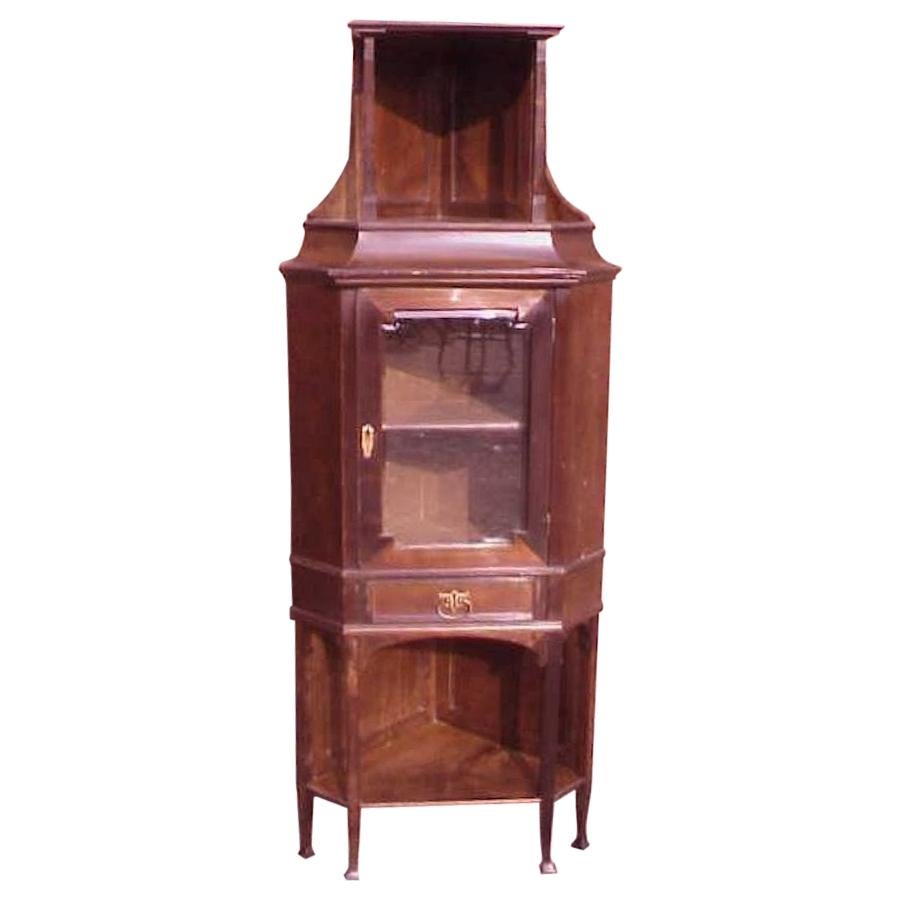 Secessionist Style Walnut Corner Display Cabinet with Stylized brass Handles For Sale