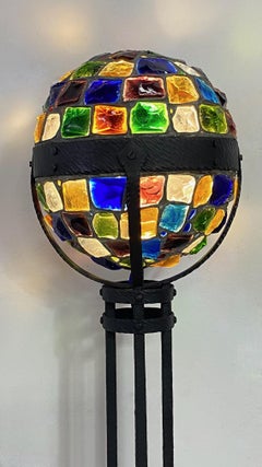 Secessionist Style Wrought Iron and Glass Chunk Jewel Newel Post Lamp, ca 1900
