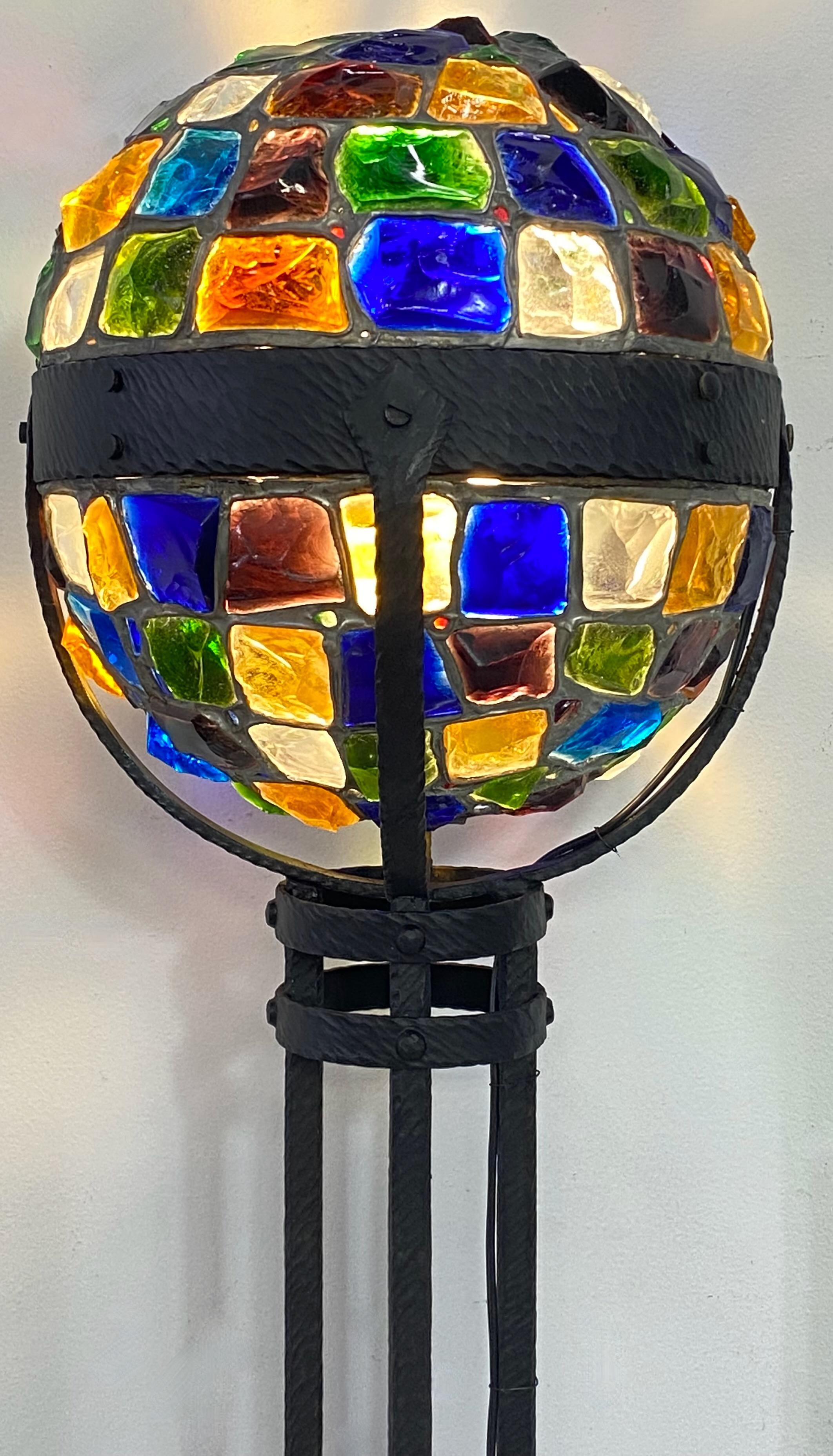 Arts and Crafts Secessionist Style Wrought Iron and Glass Chunk Jewel Newel Post Lamp, ca 1900