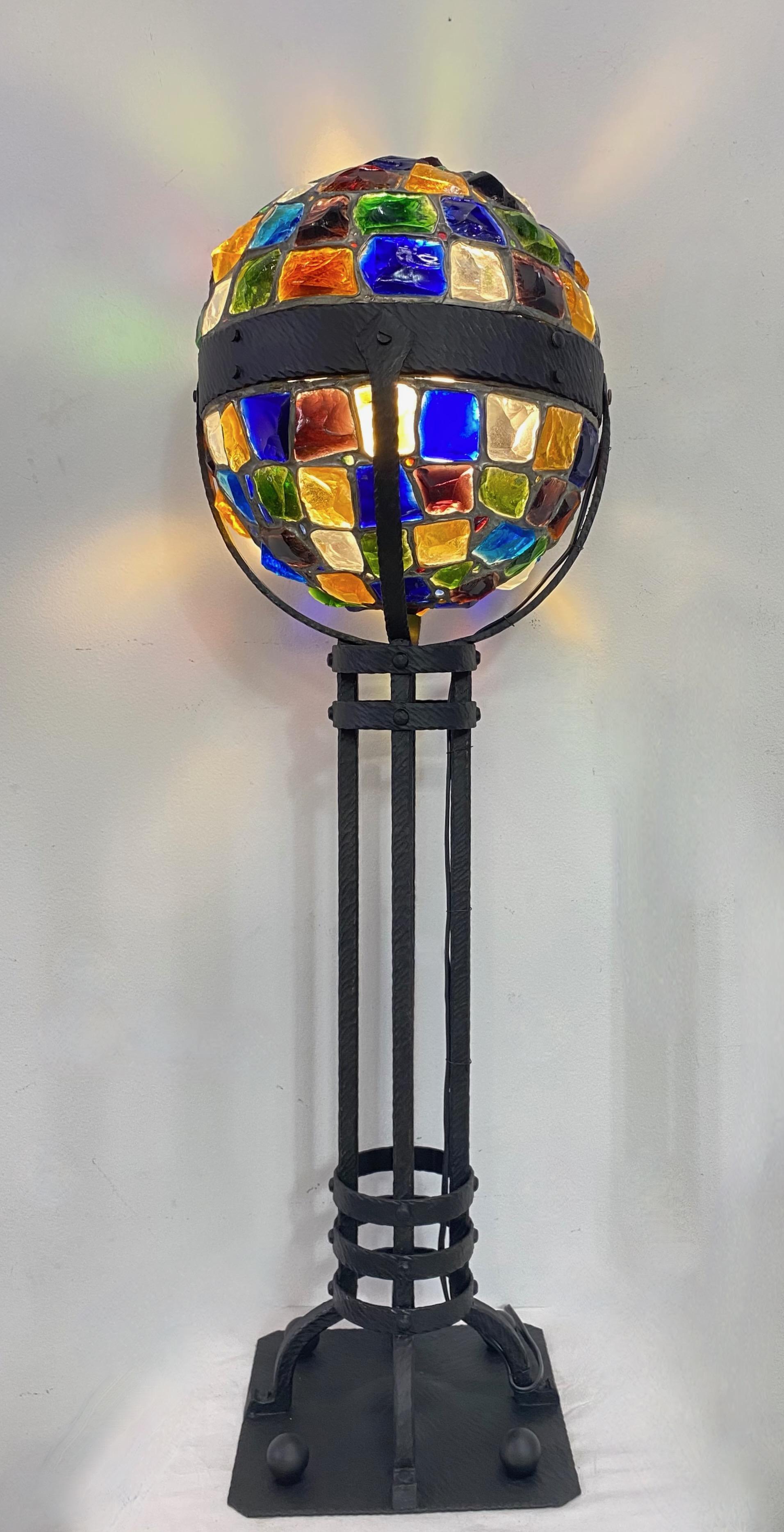 Austrian Secessionist Style Wrought Iron and Glass Chunk Jewel Newel Post Lamp, ca 1900