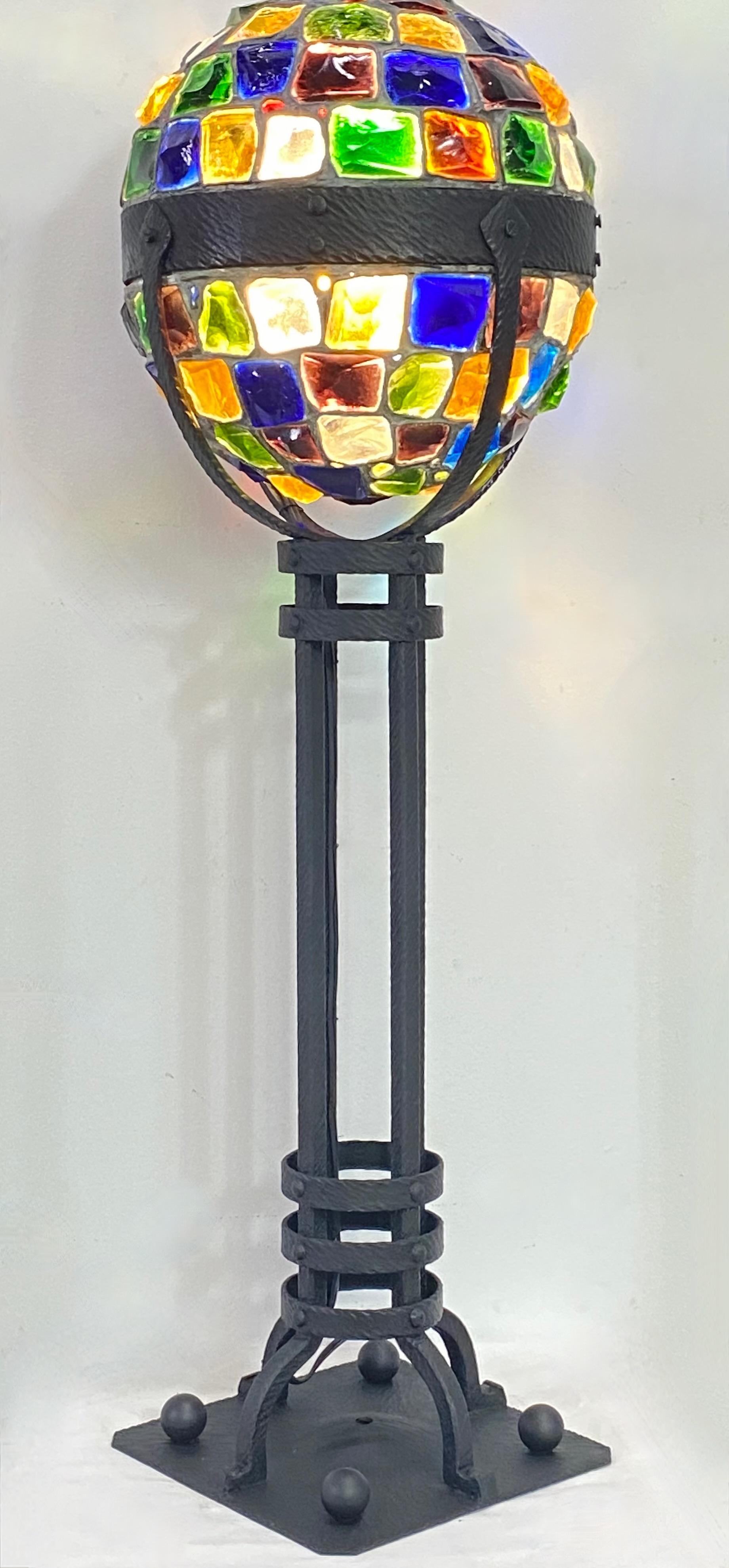 Secessionist Style Wrought Iron and Glass Chunk Jewel Newel Post Lamp, ca 1900 In Good Condition In San Francisco, CA