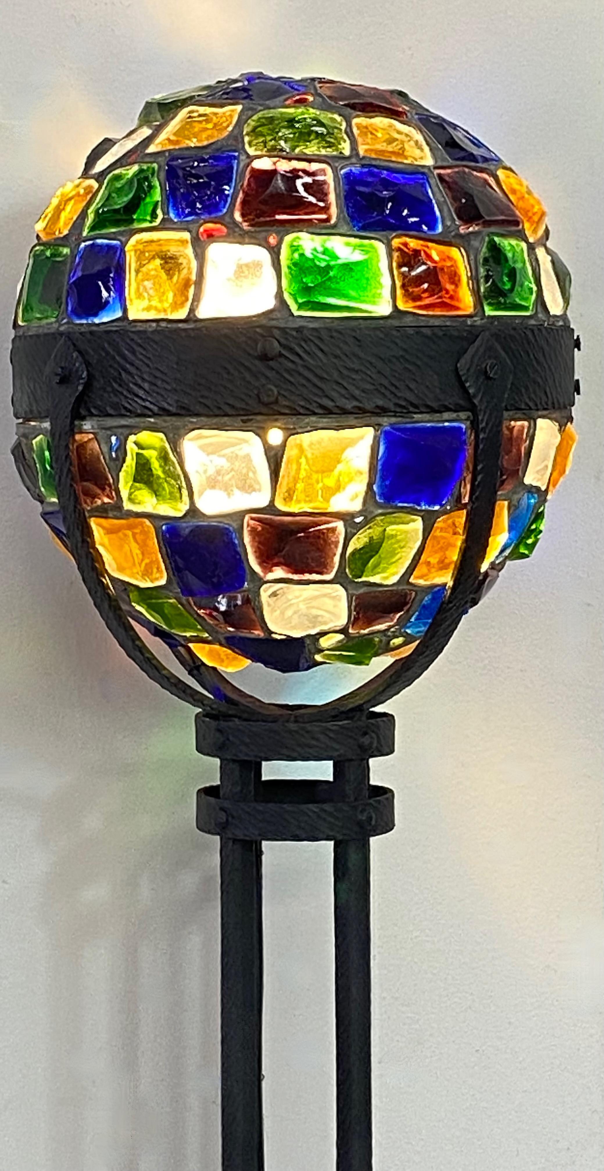 20th Century Secessionist Style Wrought Iron and Glass Chunk Jewel Newel Post Lamp, ca 1900