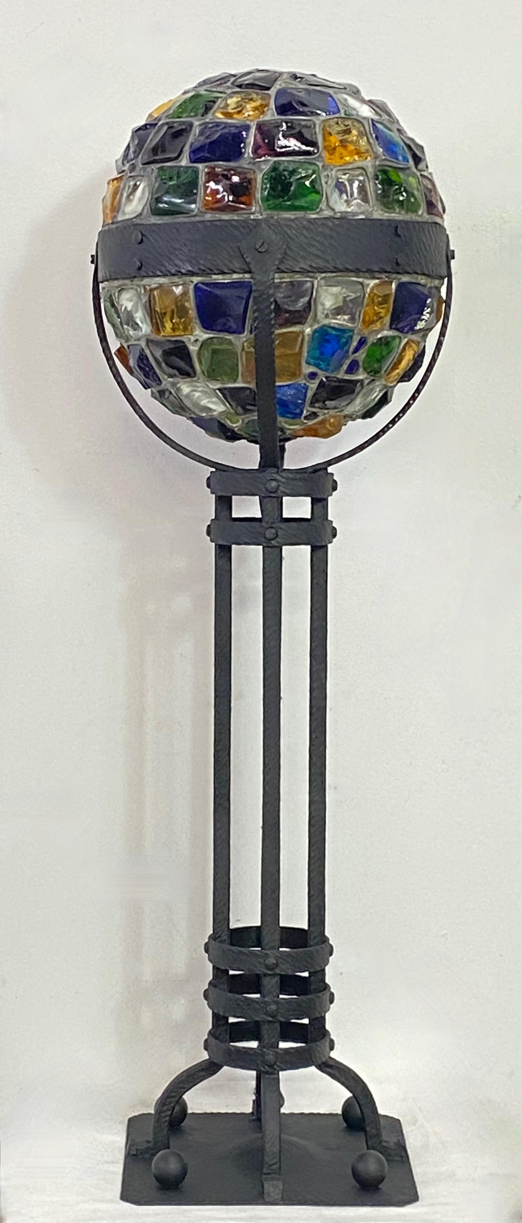 Secessionist Style Wrought Iron and Glass Chunk Jewel Newel Post Lamp, ca 1900 1