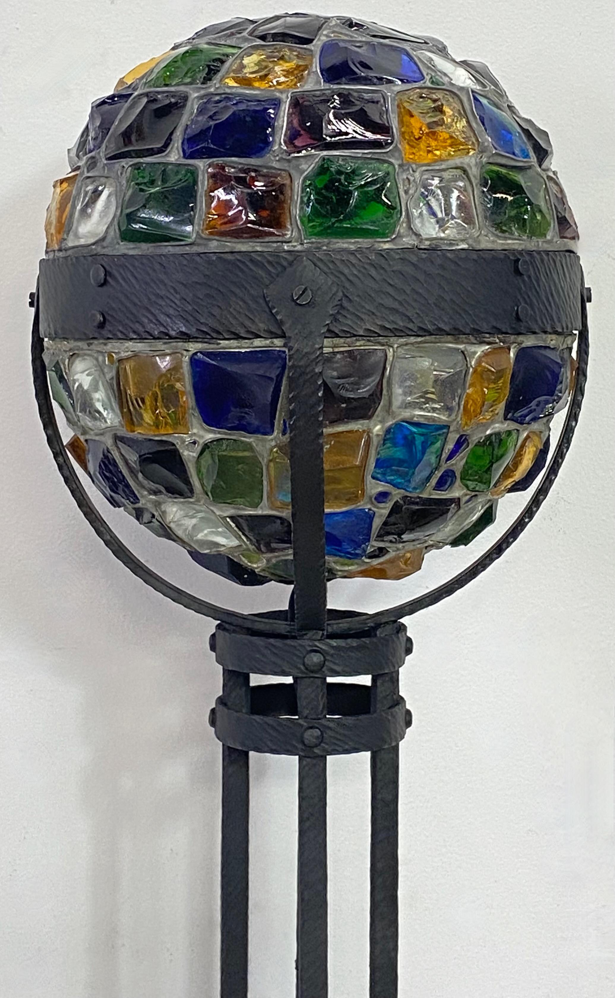 Secessionist Style Wrought Iron and Glass Chunk Jewel Newel Post Lamp, ca 1900 2