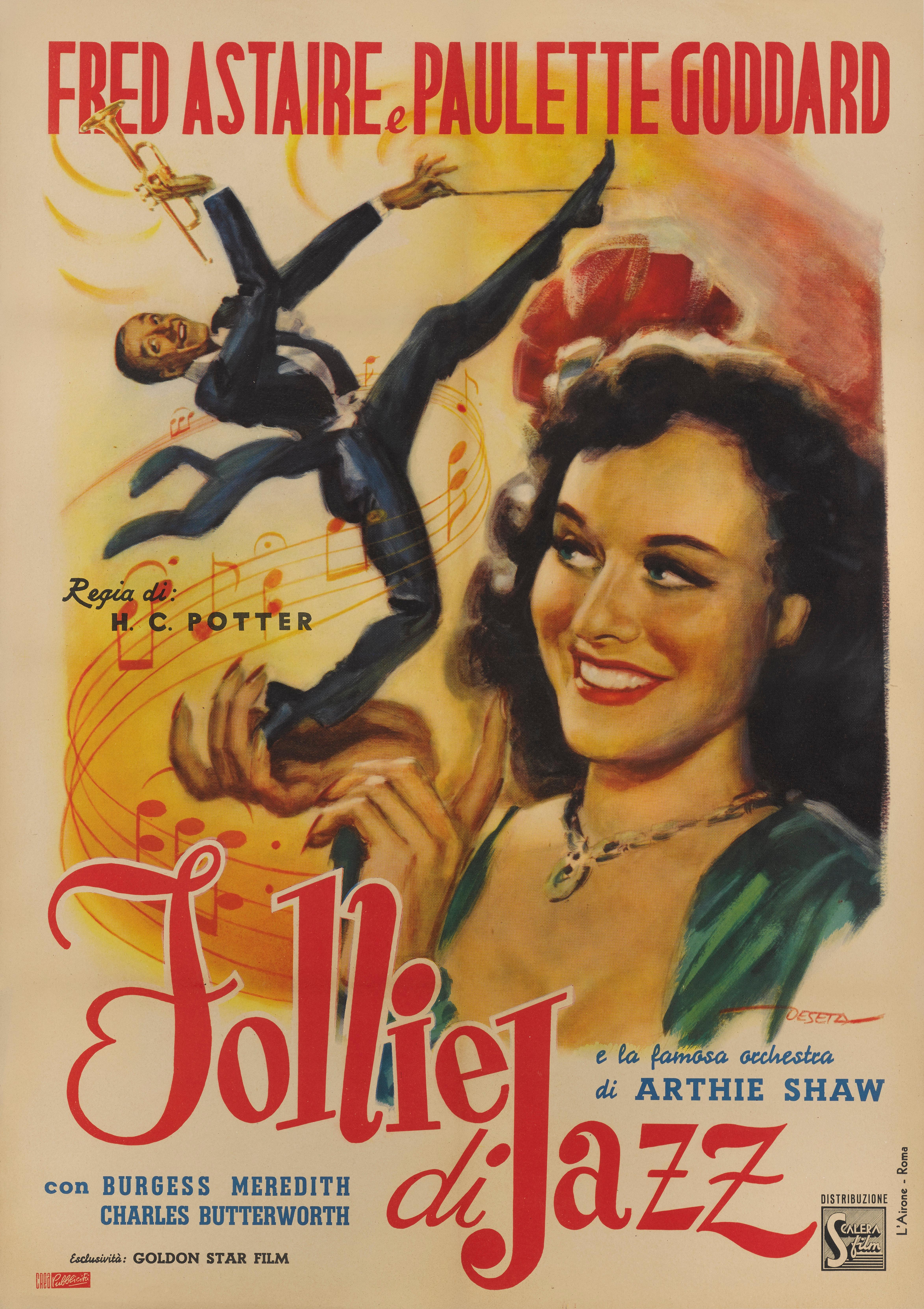 Originales italienisches Filmplakat für die musikalische Komödie second chorus von 1940.
Das Hollywood-Musical mit Paulette Goddard und Fred Astaire in den Hauptrollen und mit Artie Shaw, Burgess Meredith und Charles Butterworth. Die Musik wurde