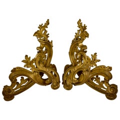 Second Empire French Bronze Acanthus Leaf Firedogs, Chenets, Andirons, a Pair
