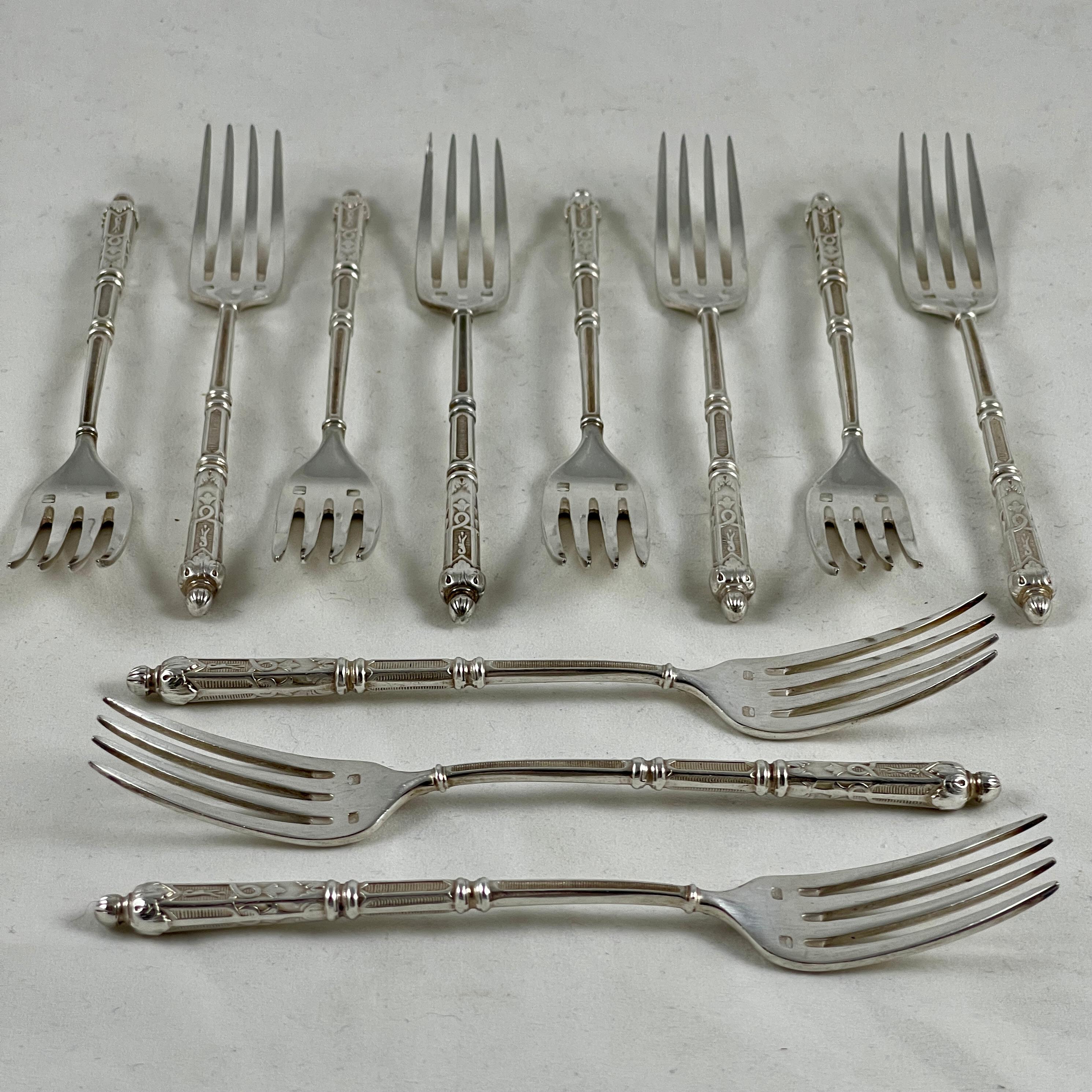 Metalwork Second Empire French Napoleon III Silver Plate Ornate Dessert Forks, S/11 For Sale