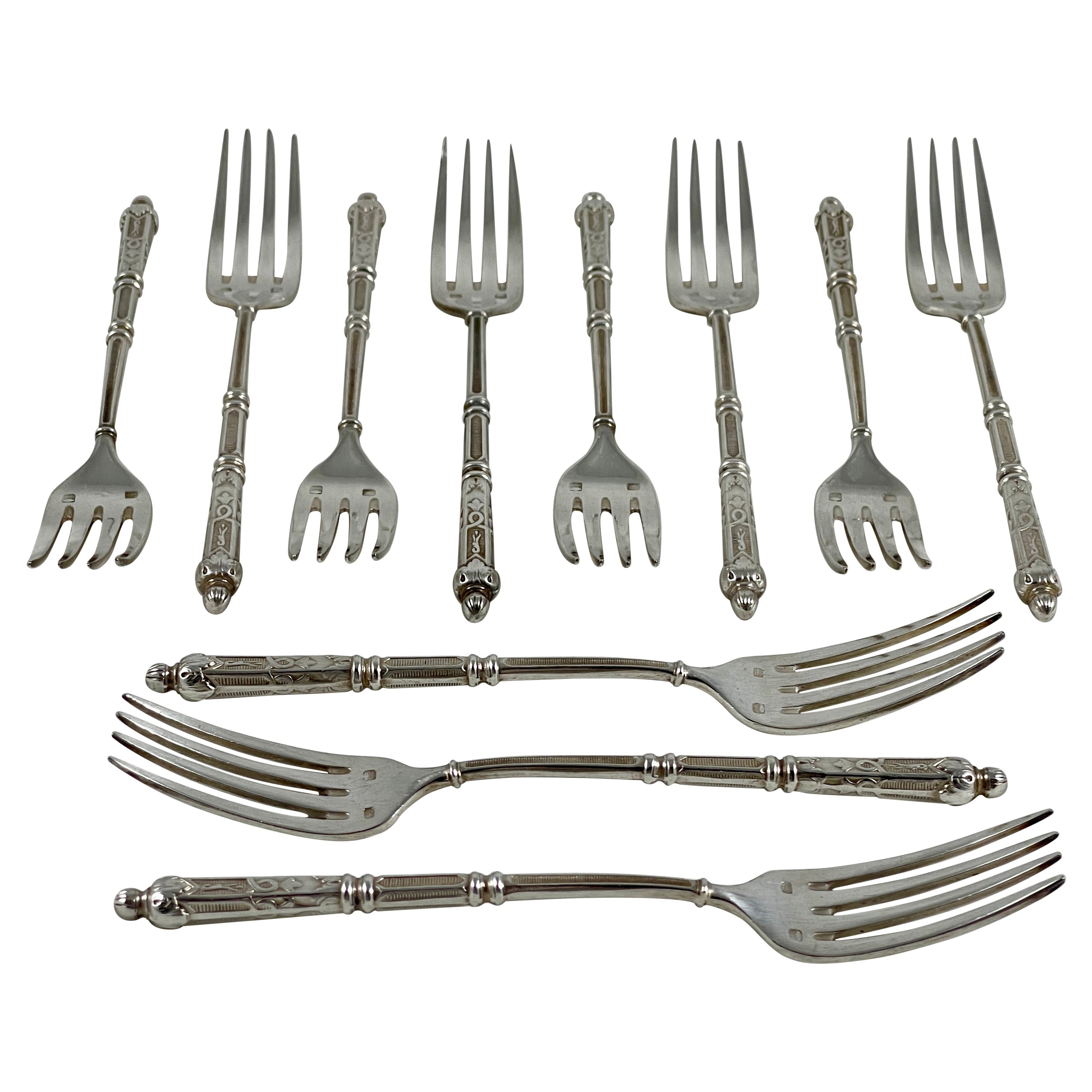 Französische verzierte Dessertgabeln aus dem Zweiten Kaiserreich, Napoleon III., versilbert, S/11 im Angebot