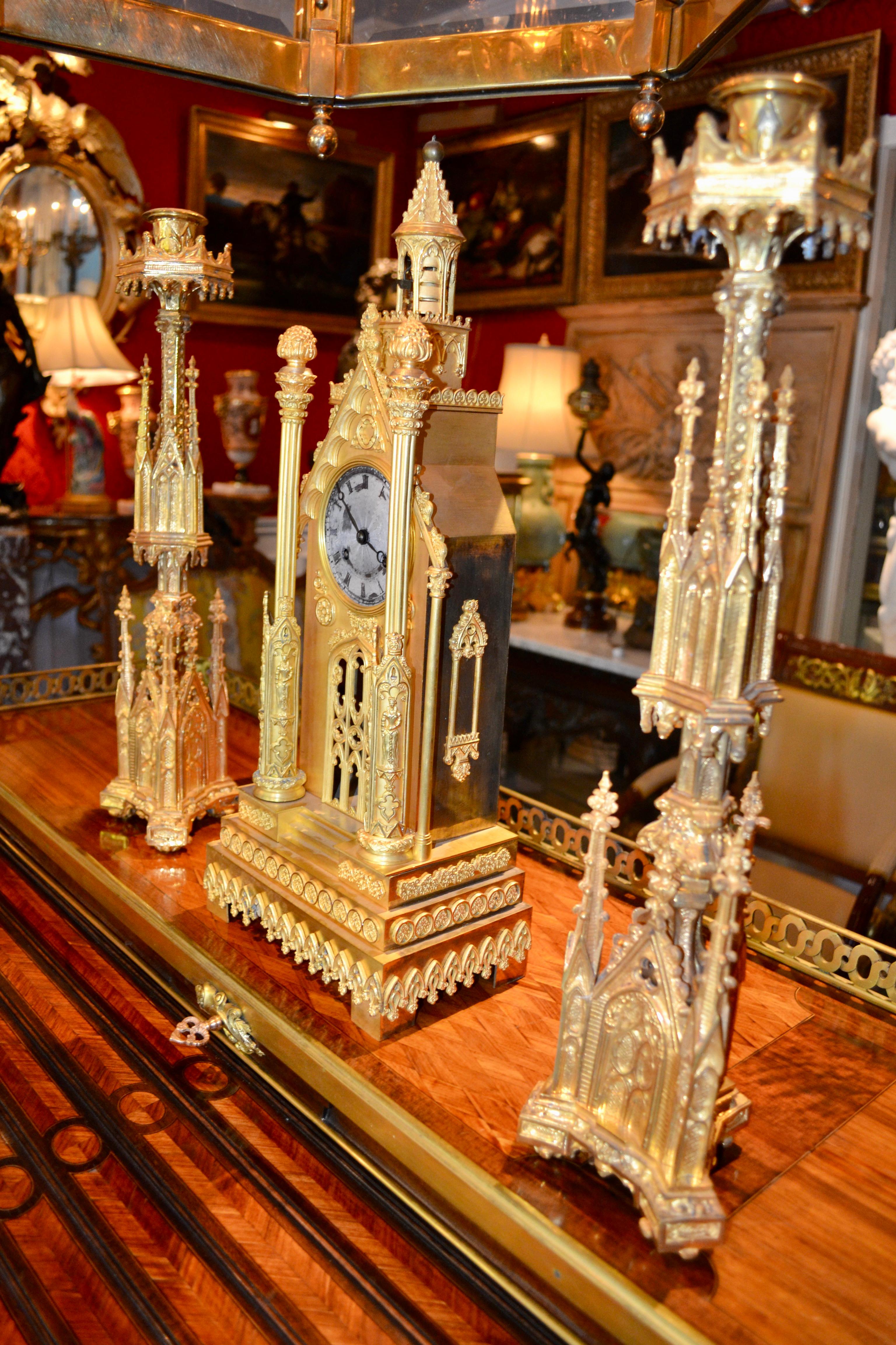 Second Empire Gothic Cathedral Clock and Garniture For Sale 6