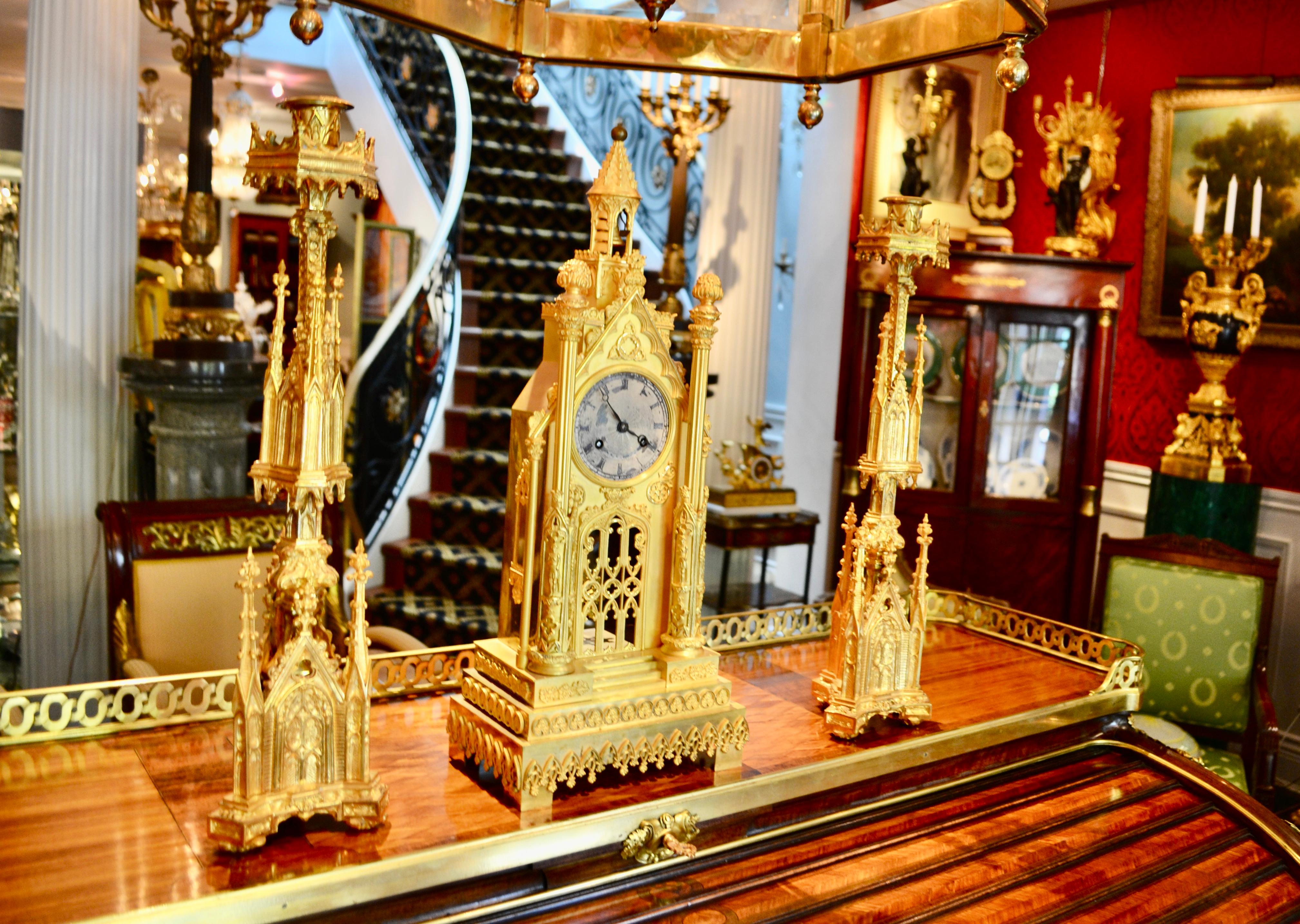 Second Empire Gothic Cathedral Clock and Garniture For Sale 7