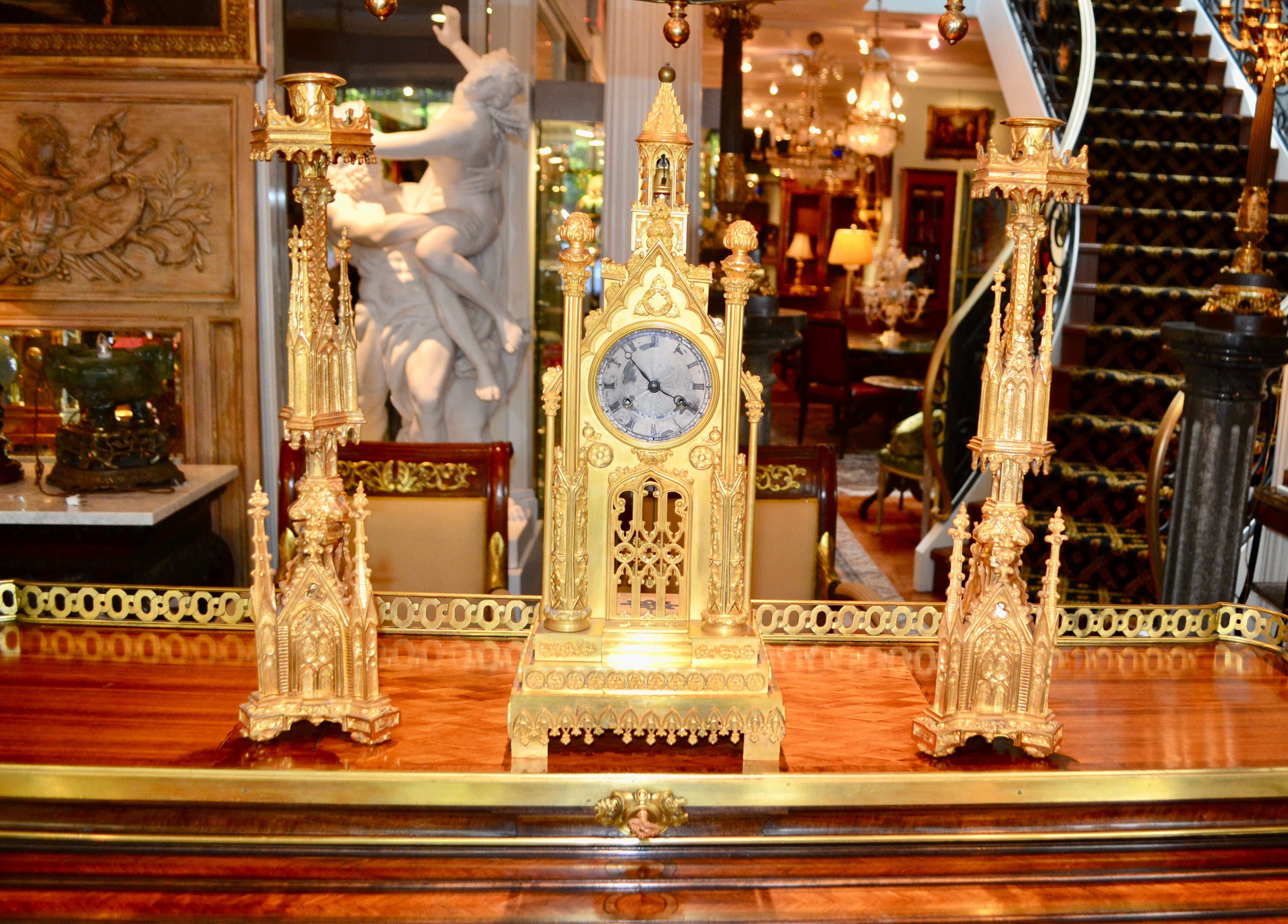 Second Empire Gothic Cathedral Clock and Garniture For Sale 8