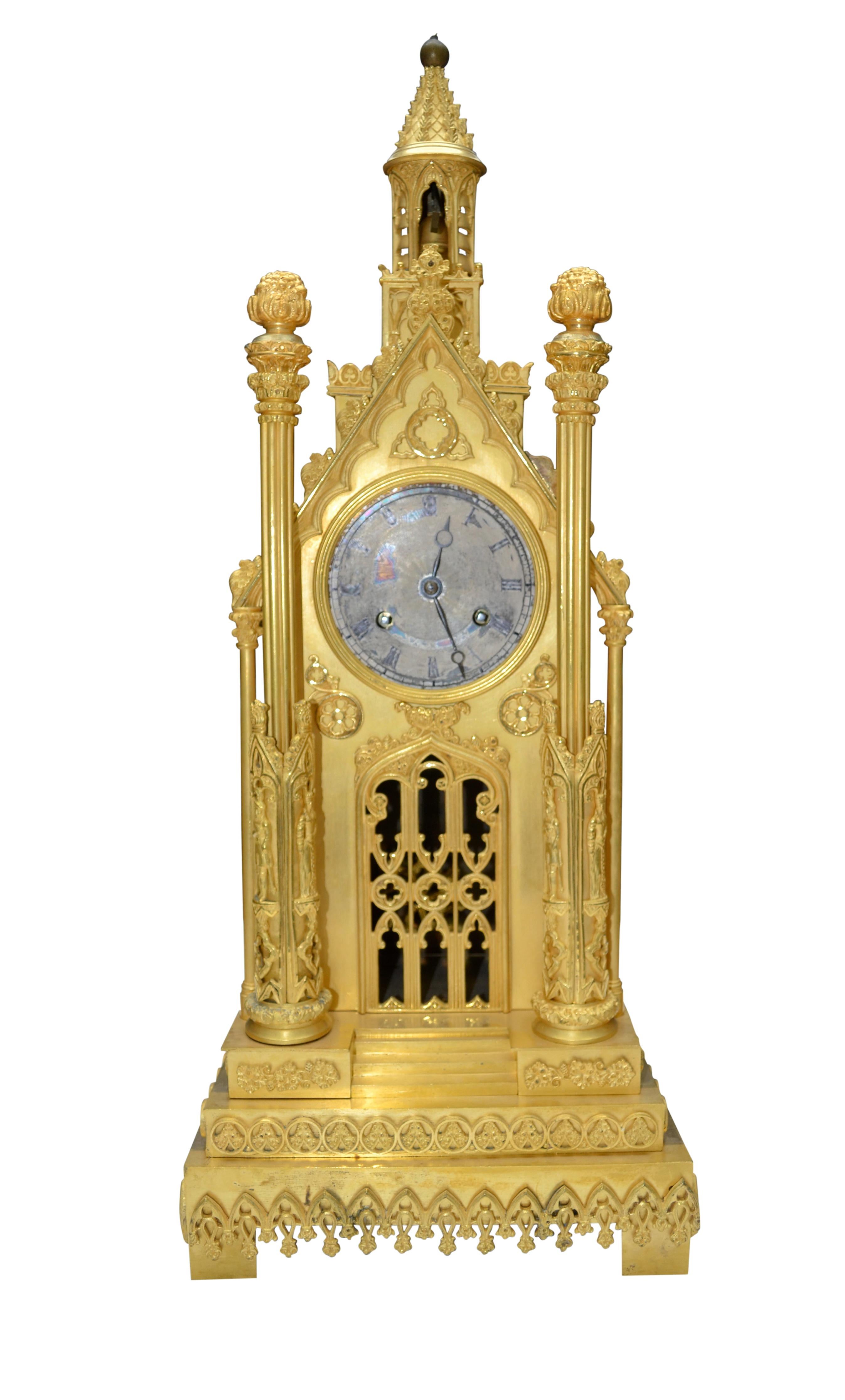 Gothic Revival Second Empire Gothic Cathedral Clock and Garniture For Sale