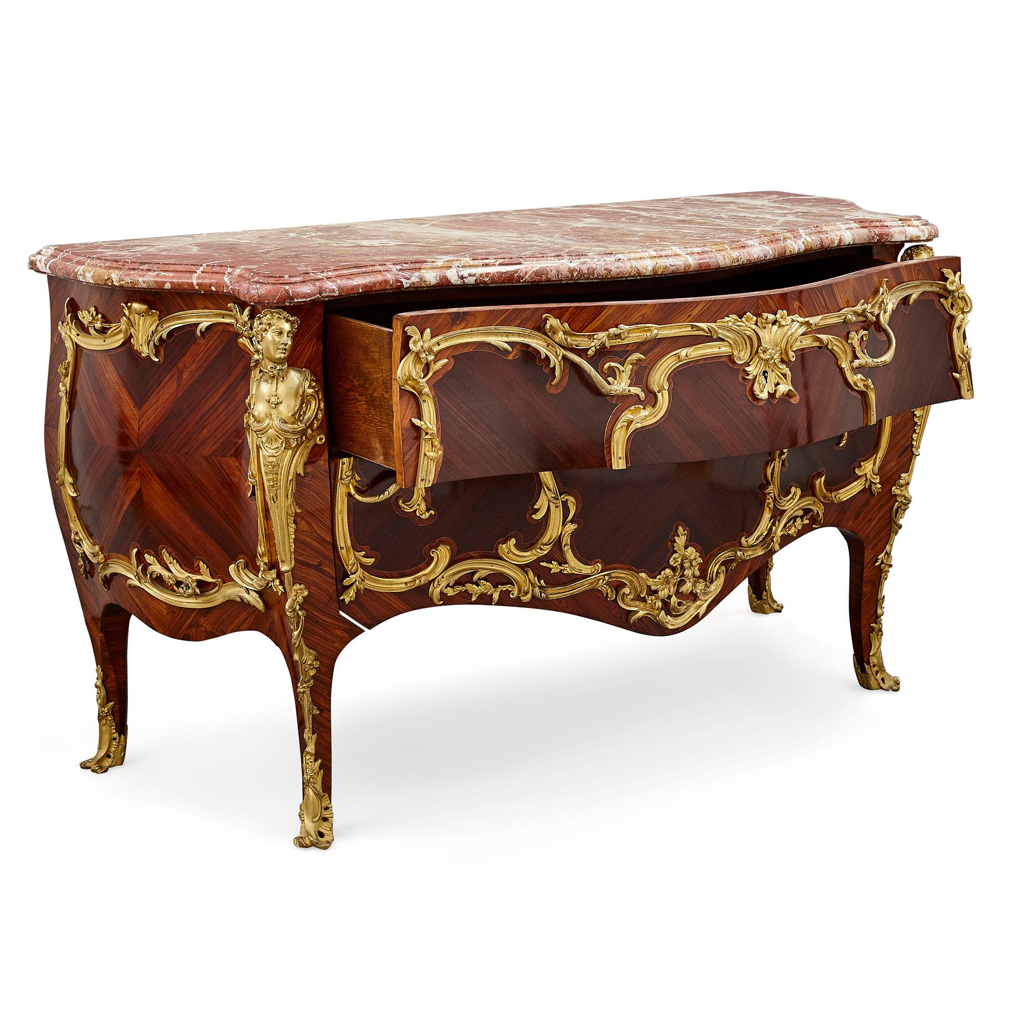 Second Empire period ormolu mounted commode by Sormani
French, c. 1860
Measures: Height 86cm, width 151cm, depth 65cm

This superb commode is by the celebrated French ébéniste Paul Sormani. The commode is of bombe shape, with a serpentine marble