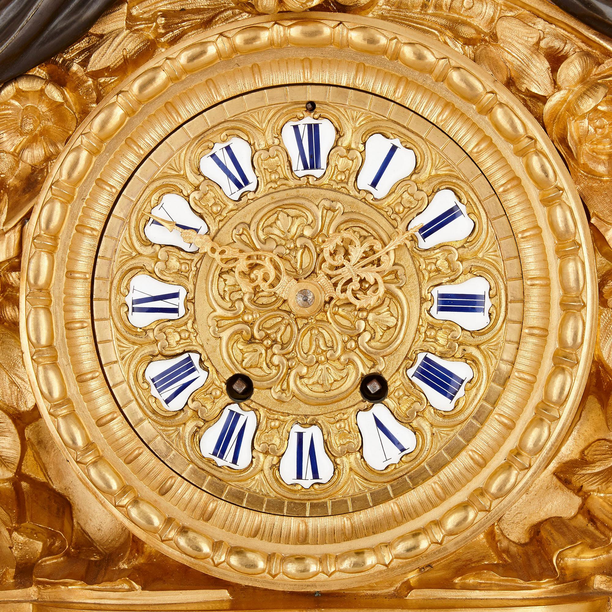 Napoleon III Second Empire Period Patinated and Gilt Bronze Three-Piece Clock Set For Sale
