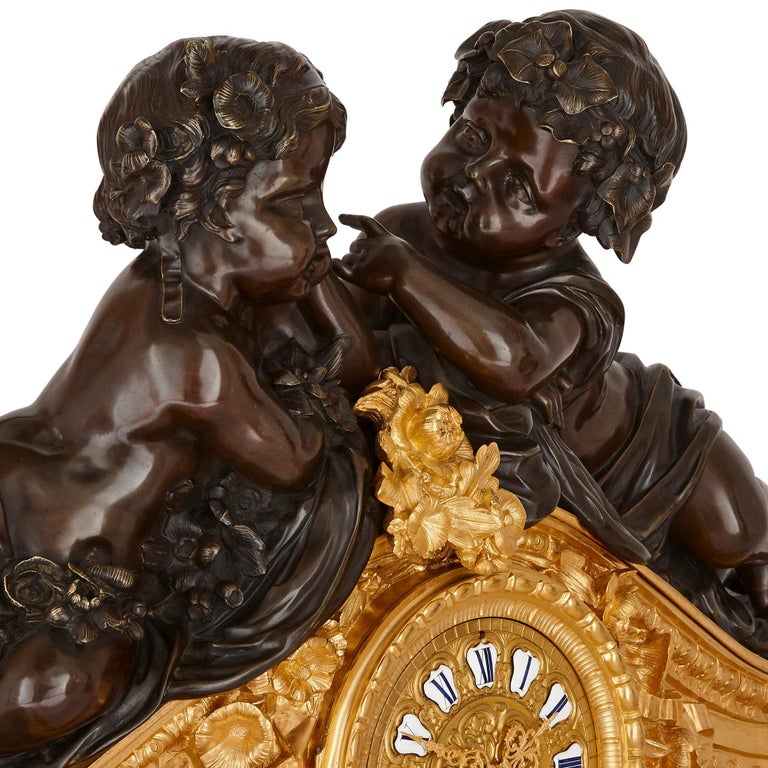 French Second Empire Period Patinated and Gilt Bronze Three-Piece Clock Set For Sale