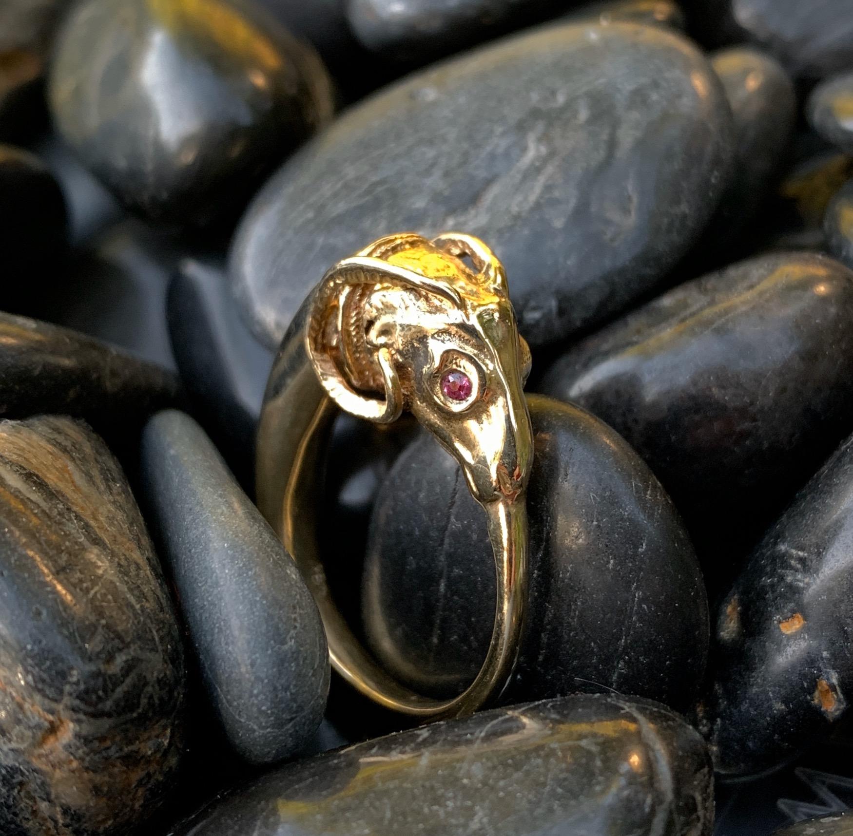 Second Etruscan Revival Figural Ram Ring in 18 Karat Yellow Gold with Ruby Eyes In Good Condition For Sale In Sherman Oaks, CA