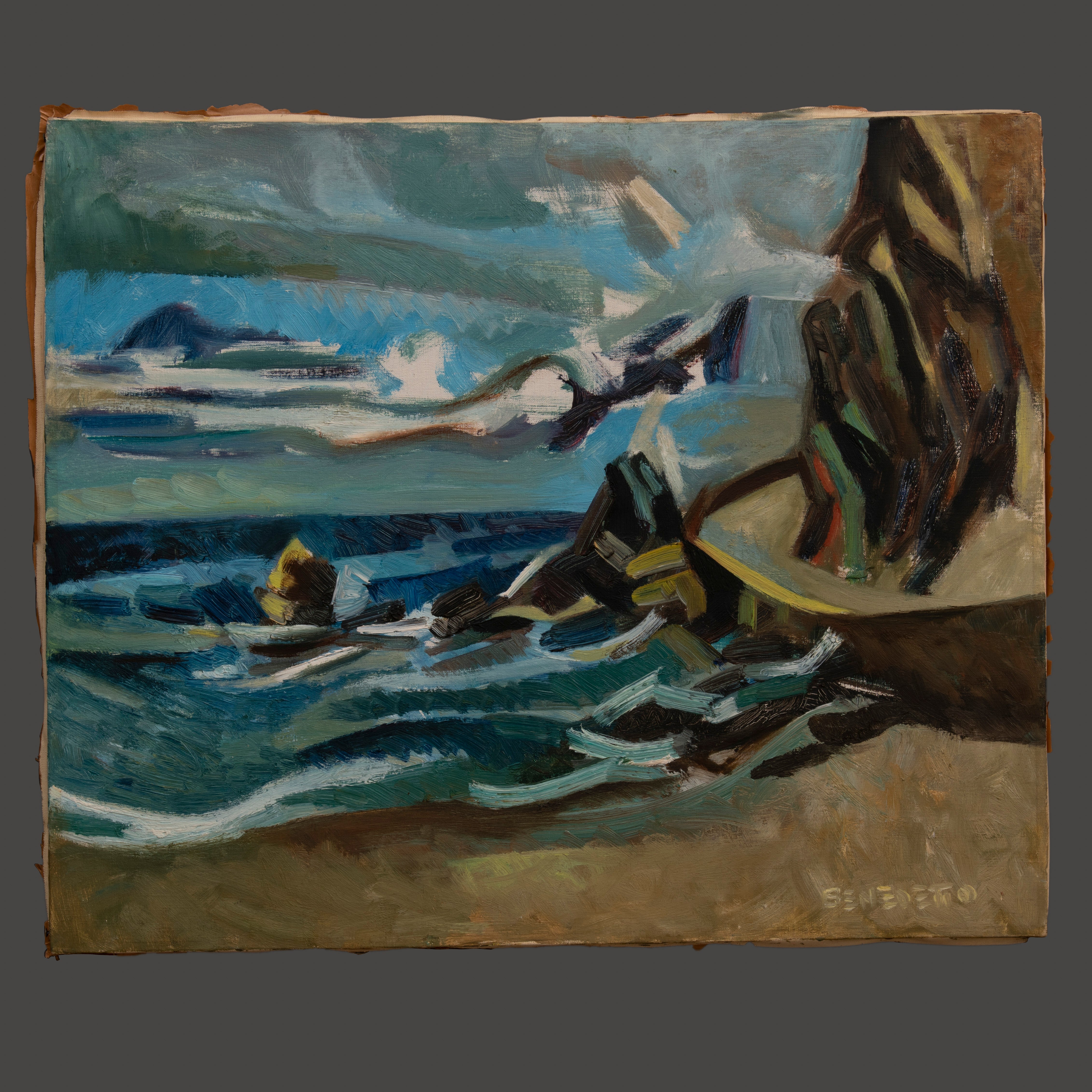 A beautiful and important painting by the great artist Enzo Benedetto, an absolute protagonist of the so-called ‘Second Futurism’.
It depicts a seascape captured in its essence of natural energy with the waves of the sea crashing powerfully on the