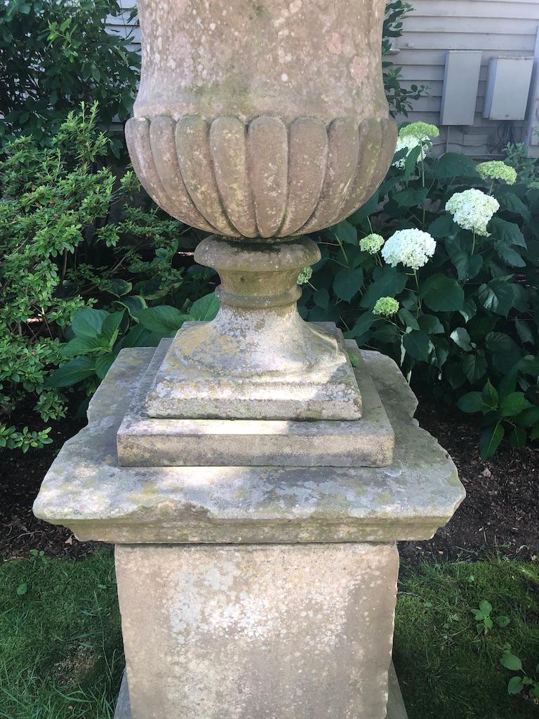 Second Grand Pair of 18th Carved Yorkstone Urns Owned by the Duke of Marlborough 5