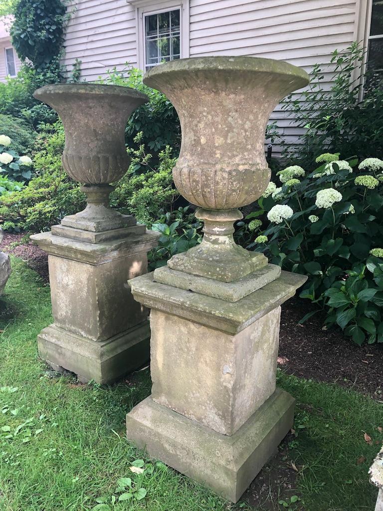 Neoclassical Second Grand Pair of 18th Carved Yorkstone Urns Owned by the Duke of Marlborough