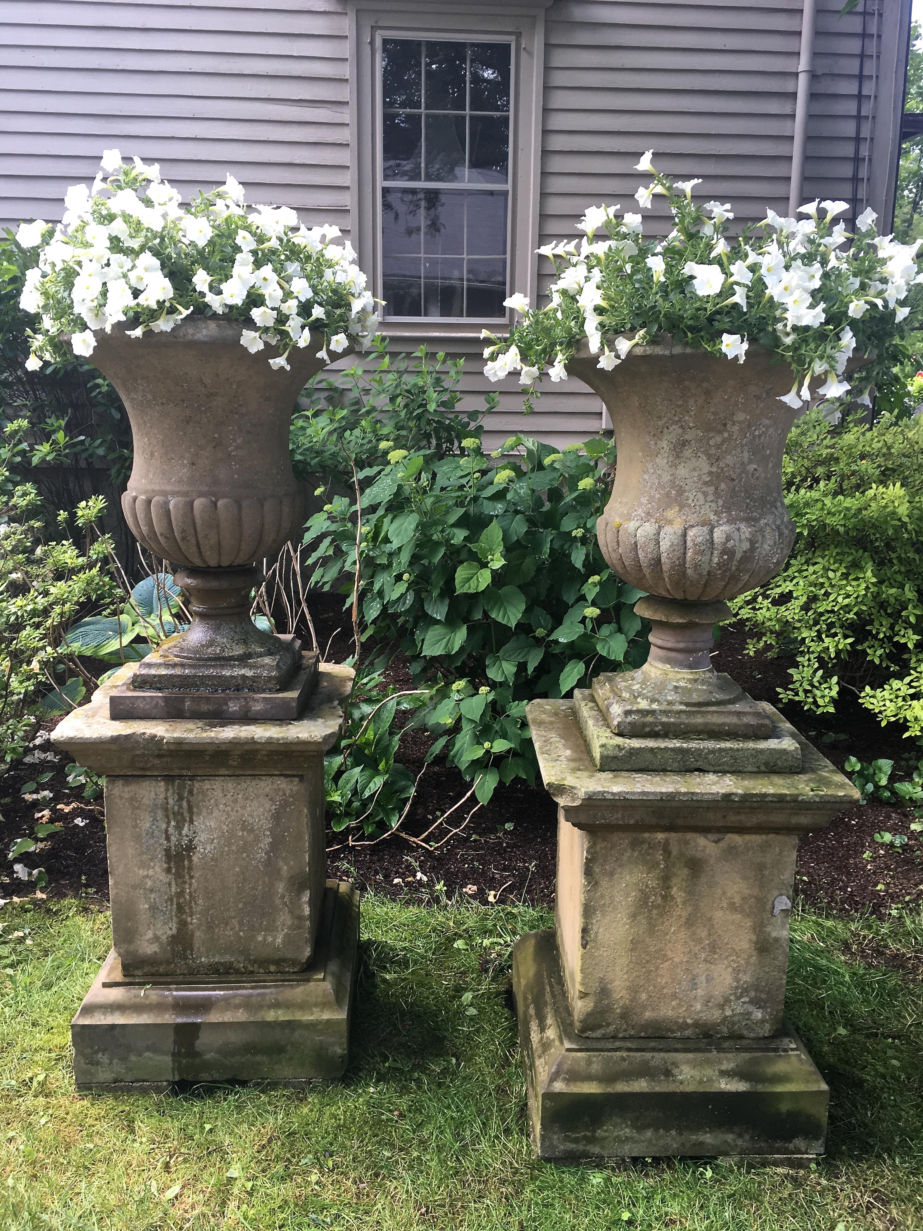 Hand-Carved Second Grand Pair of 18th Carved Yorkstone Urns Owned by the Duke of Marlborough