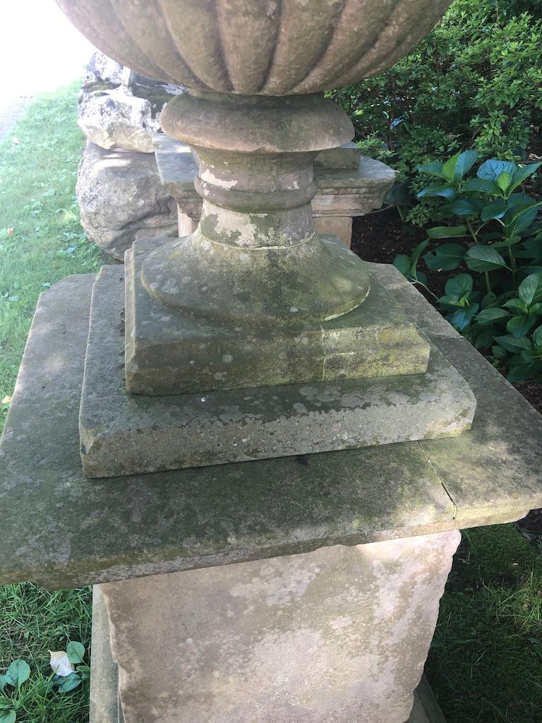 Stone Second Grand Pair of 18th Carved Yorkstone Urns Owned by the Duke of Marlborough