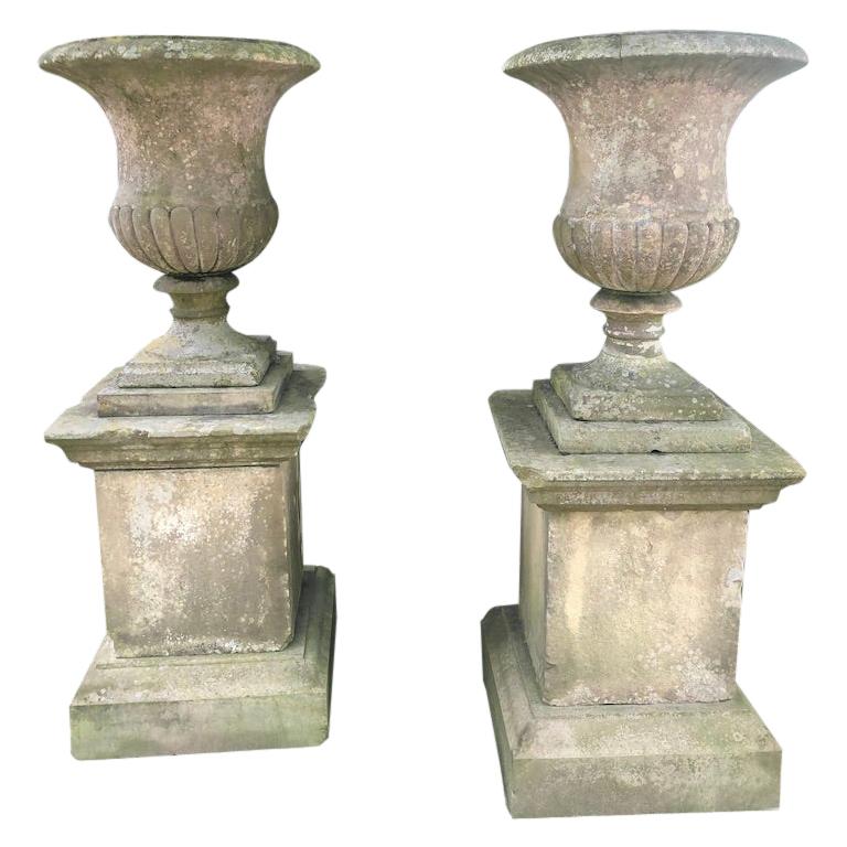 Second Grand Pair of 18th Carved Yorkstone Urns Owned by the Duke of Marlborough