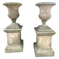 Antique Second Grand Pair of 18th Carved Yorkstone Urns Owned by the Duke of Marlborough