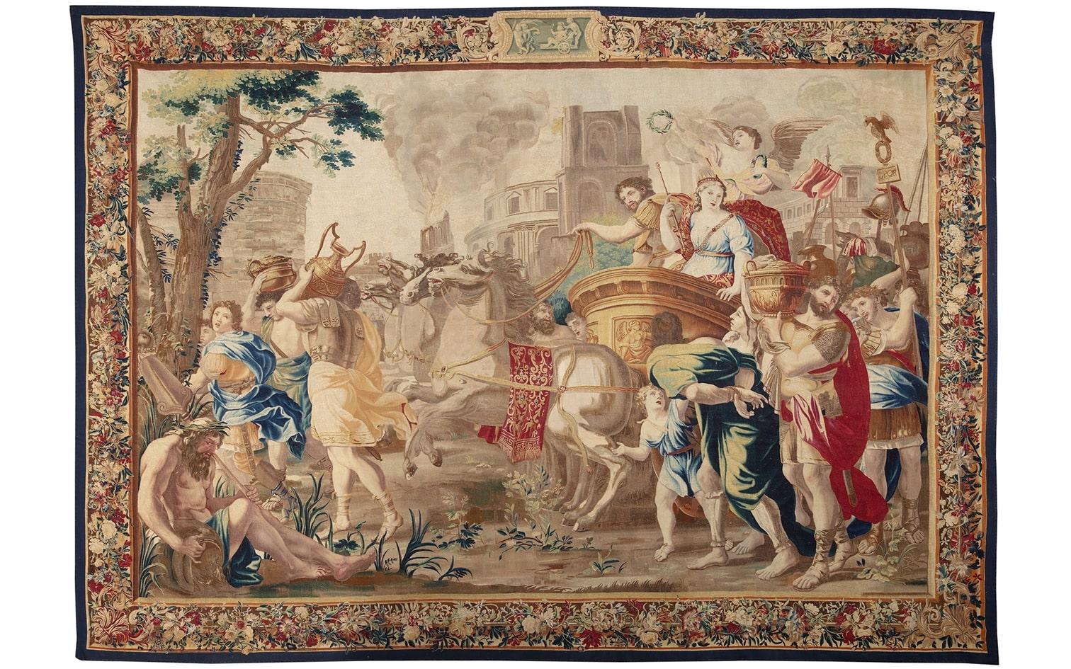 -Un arazzo di Bruxelles raffigurante Marco Antonio e Cleopatra,
 Su disegni di Charles Poerson (1609-1667), seconda metà del XVII secolo.
-Proprietà di un istituto scolastico del Midwest
-12' 6