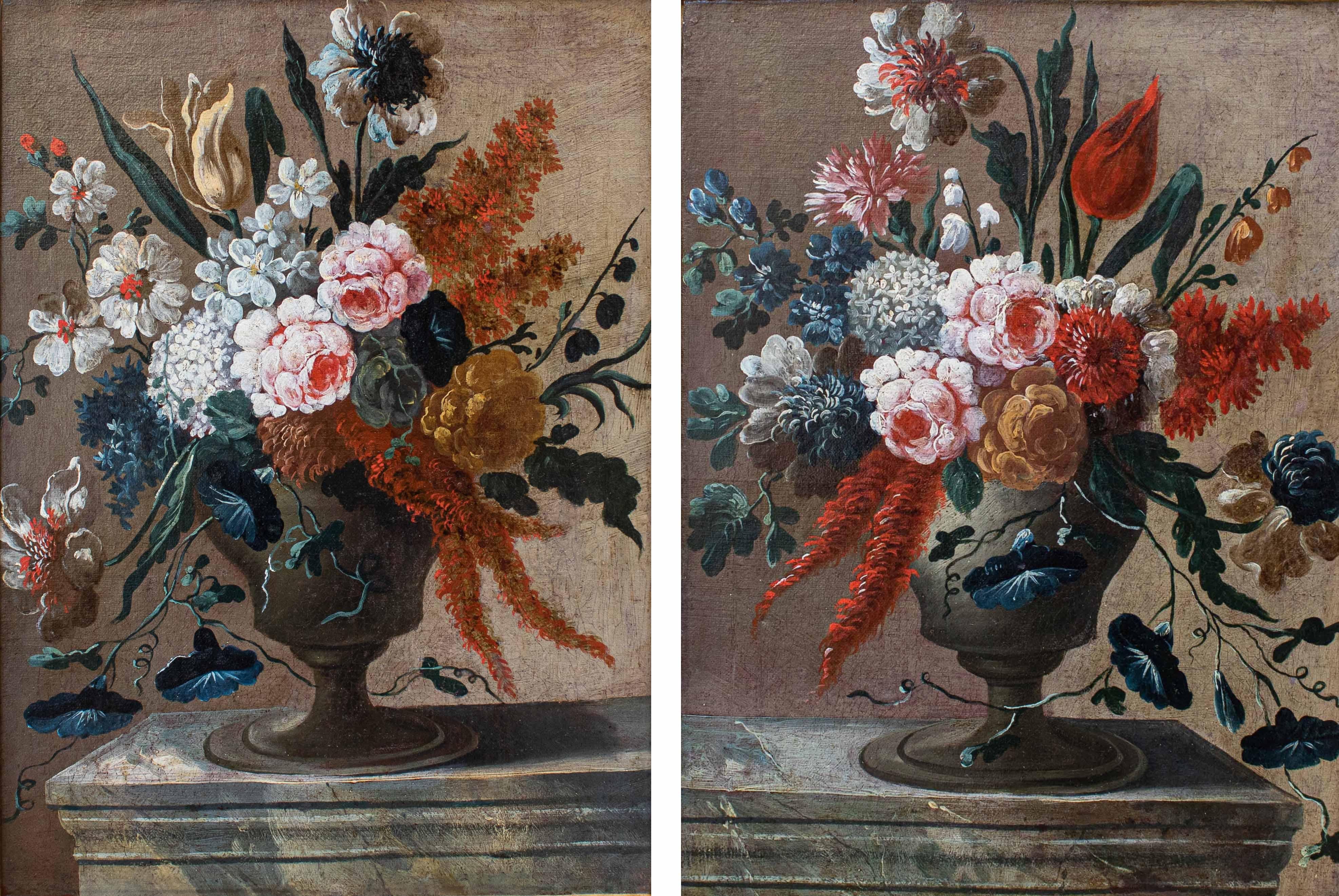 Roman School, second half of the 17th century
Pair of still lifes with vases of flowers
Oil on canvas, 47 x 35 cm - with frame 58 x 43 cm

The refined pair of still lifes in question is characterized by a lively and at the same time balanced