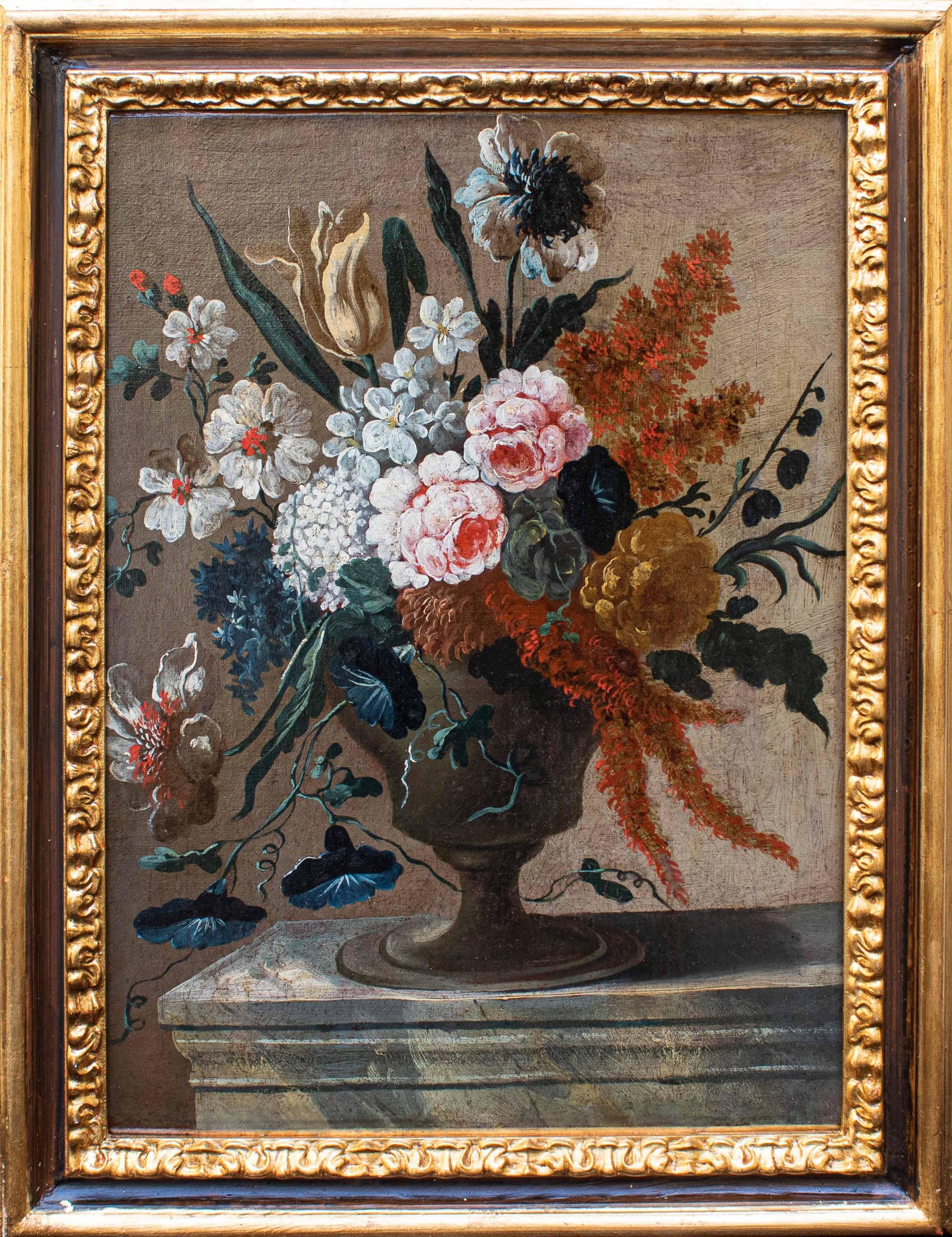 Italian Second Half of 17th Century Pair of Still Lifes with Flowers Oil on Canvas