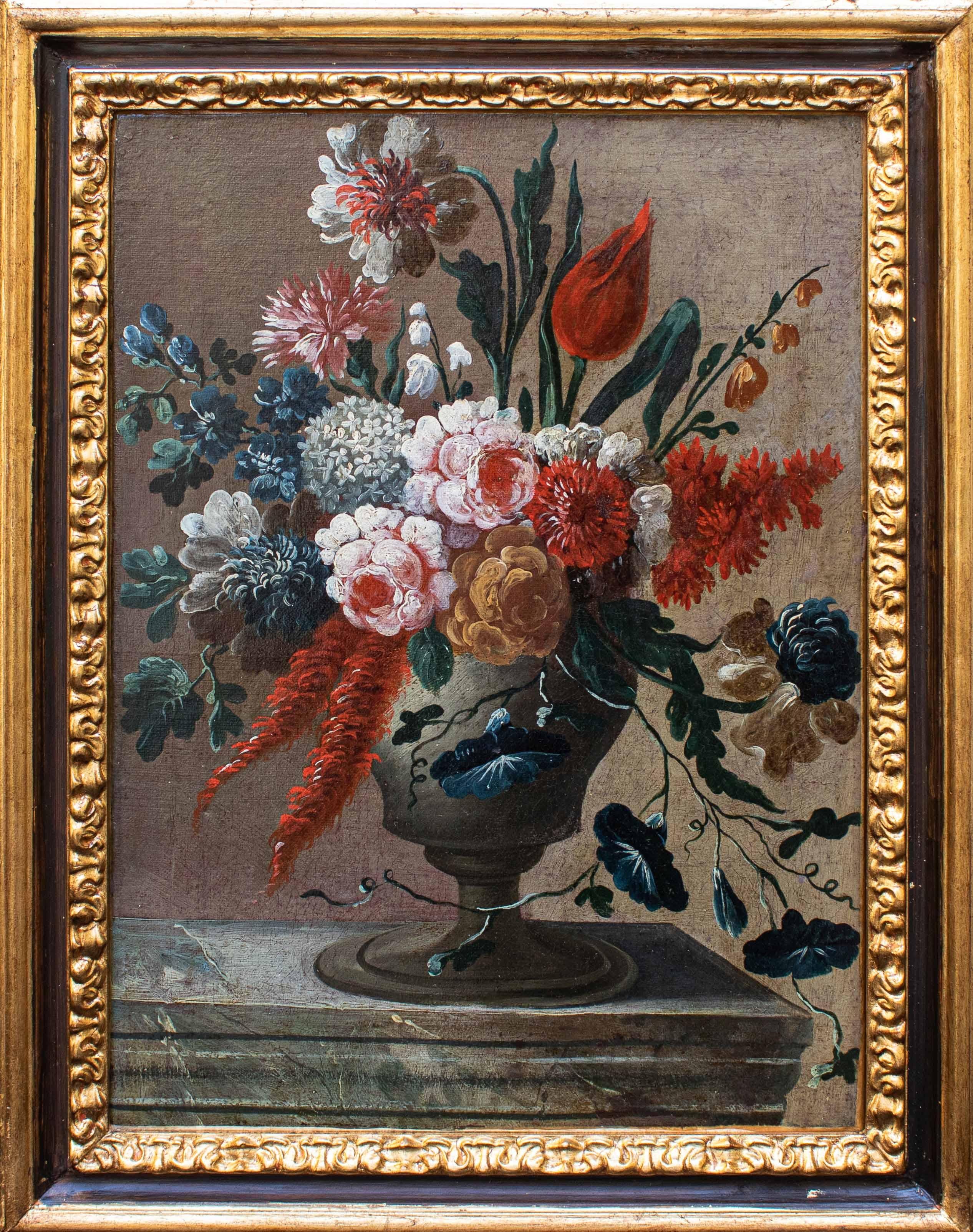 Oiled Second Half of 17th Century Pair of Still Lifes with Flowers Oil on Canvas