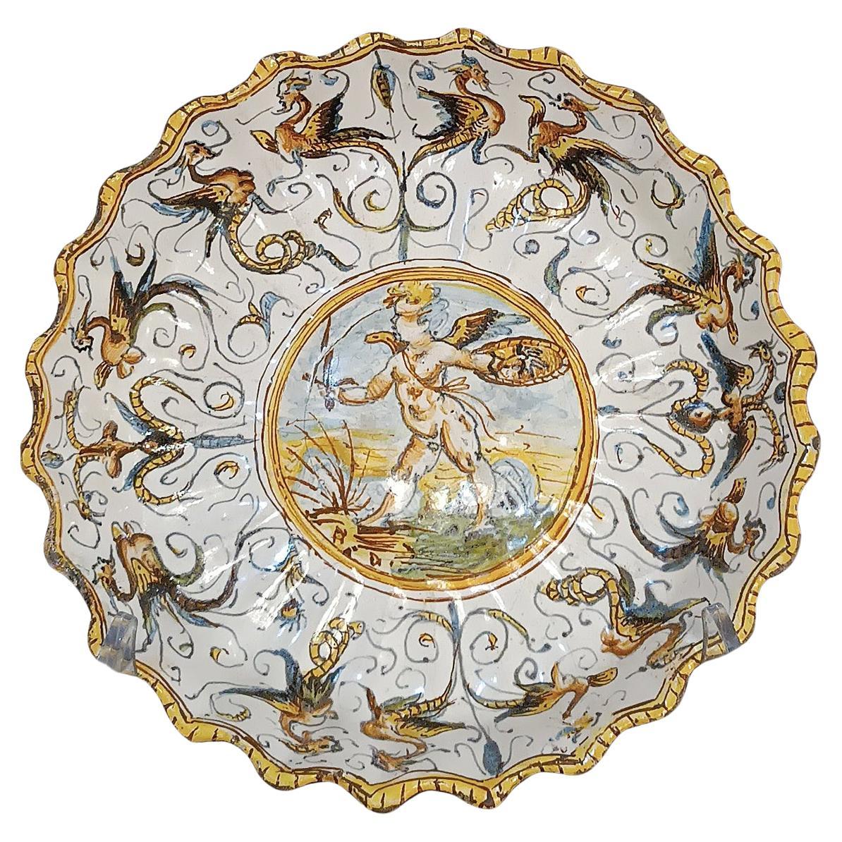 SECOND HALF OF THE 16th CENTURY POLYCHROME MAIOLICA PLATE  For Sale