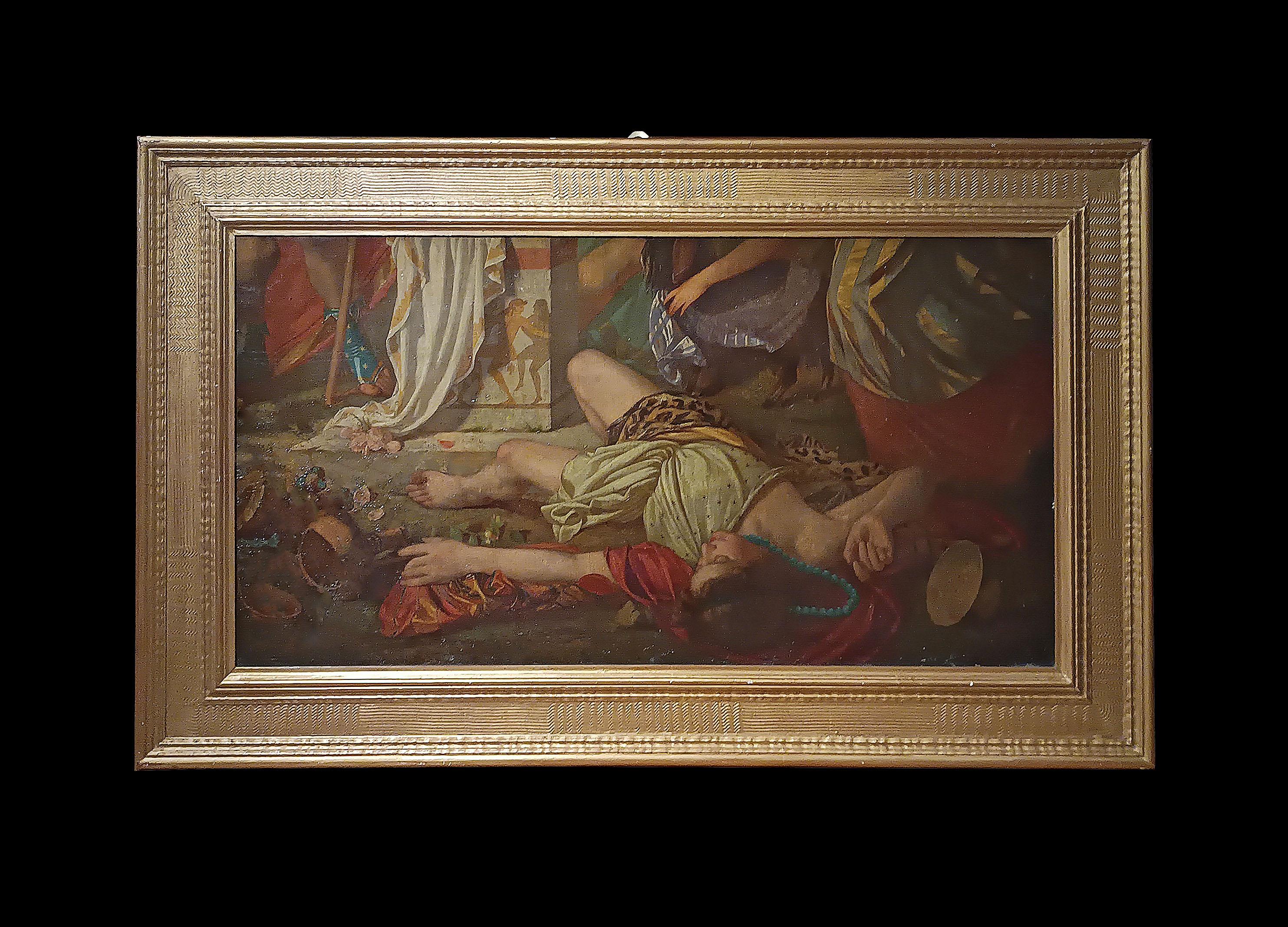 A beautiful neoclassical painting made in oil on canvas and framed in a contemporary carved and gilded wooden frame. The painting features a notable use of chiaroscuro and shadows and the scene depicts a bacchanal, in the center of which stands out