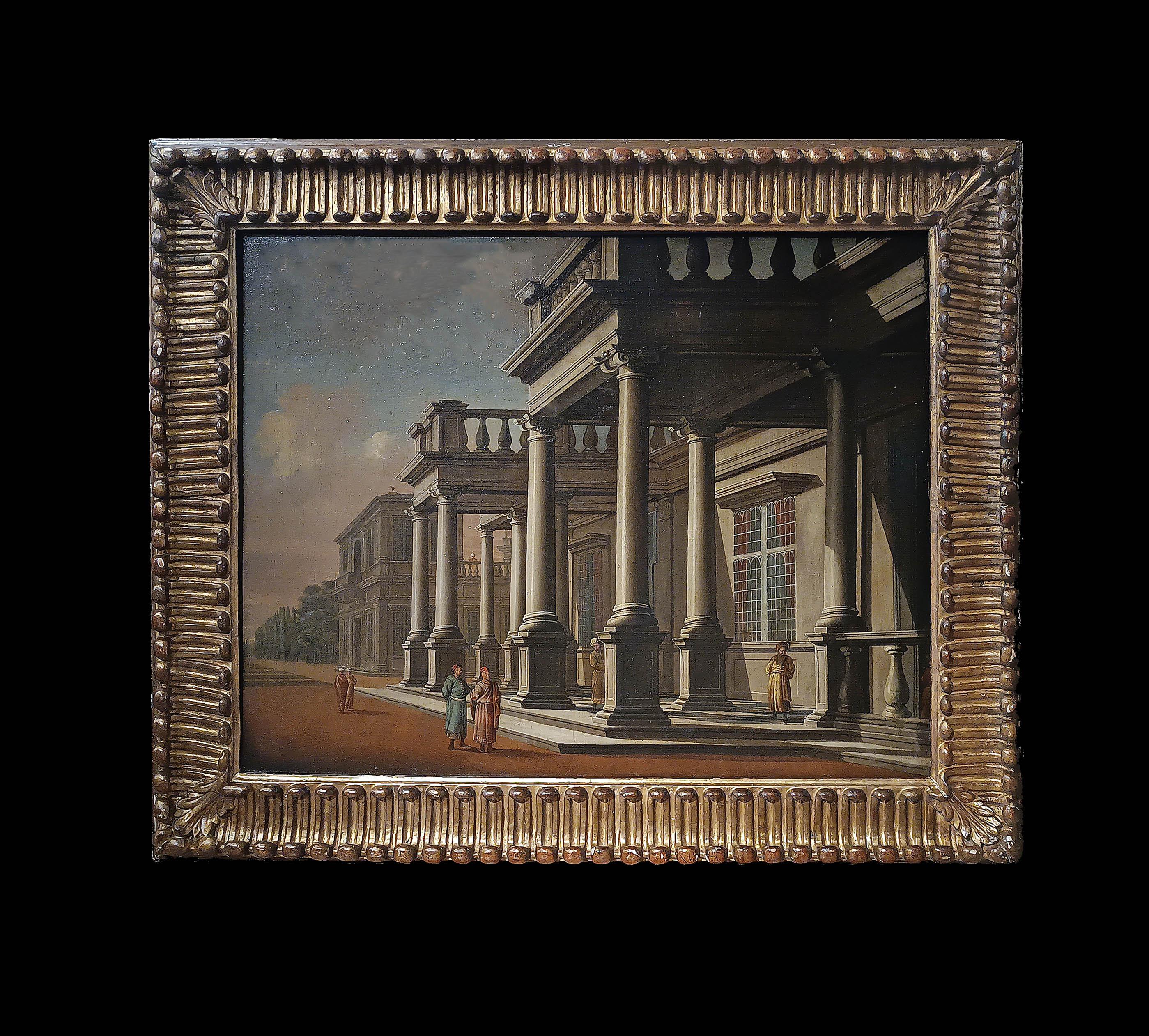 Schönes Ölgemälde auf Leinwand, das eine klassische architektonische Laune in einem faszinierenden Spiel von Architektur und Schatten darstellt, das von kleinen Figuren bevölkert wird. In einer imaginären Landschaft im Hintergrund stehen imposante
