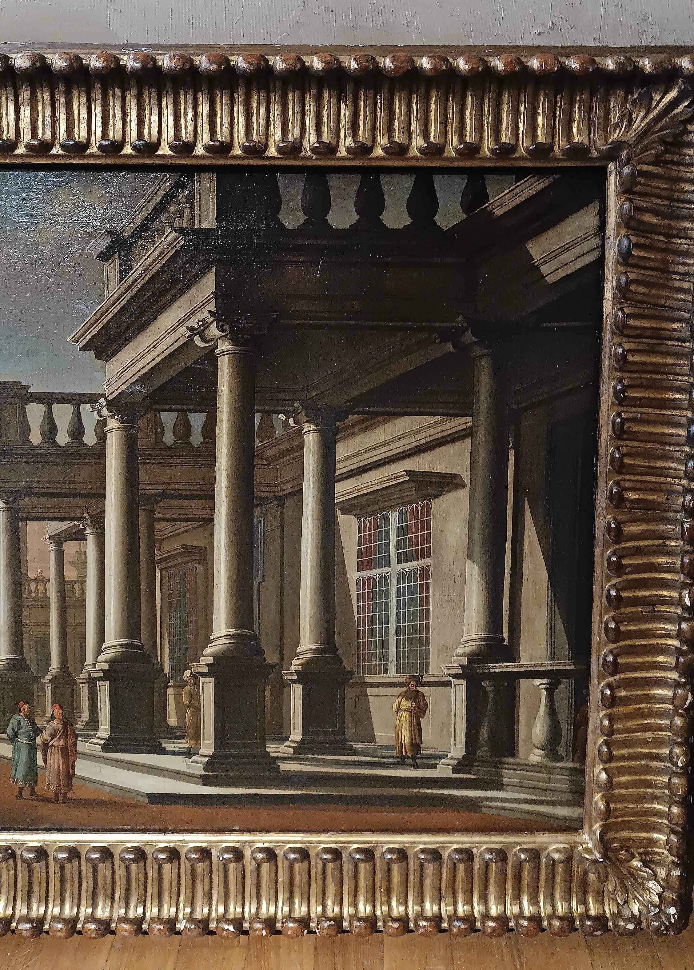 ZWEITE HÄLFTE DES 18. JAHRHUNDERTS GEMÄLDE MIT ARCHITEKTURKAPITEL (Handgeschnitzt) im Angebot