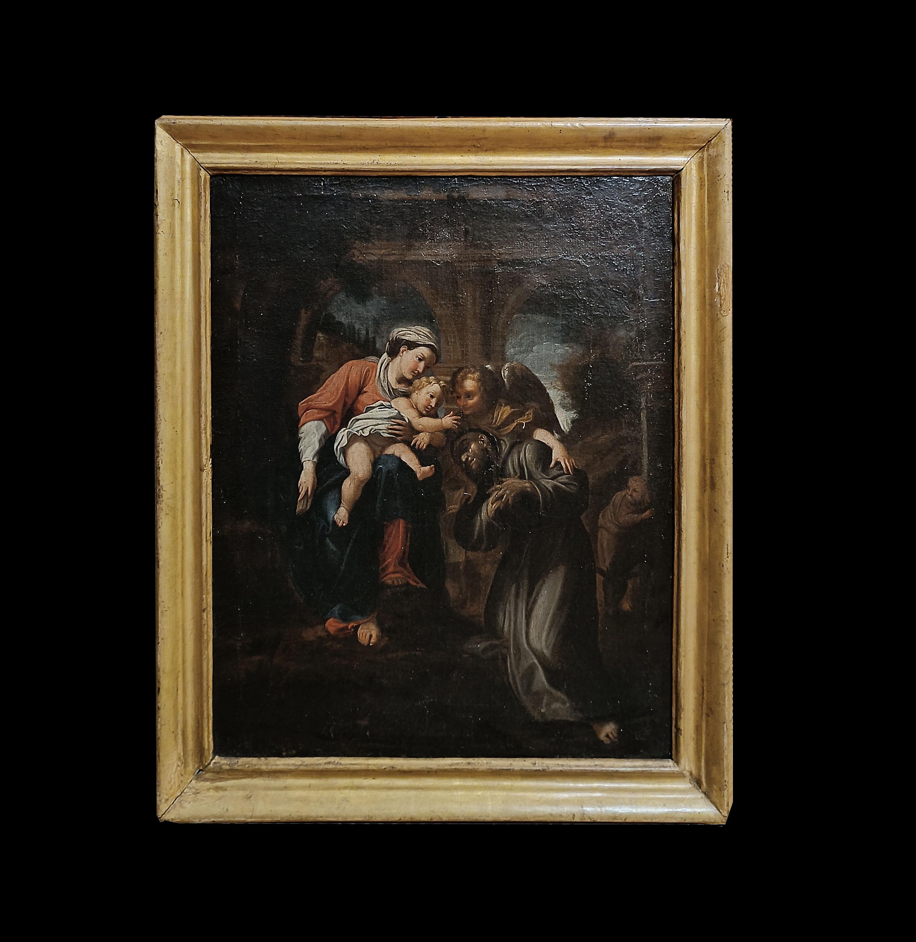 Raffiniertes Ölgemälde auf Leinwand, gerahmt in einem eleganten geschnitzten und vergoldeten Holzrahmen. Das Gemälde zeigt in der Mitte die Szene der Übergabe Jesu durch Maria an den heiligen Franziskus, assistiert von einem Cherub. Der Künstler hat