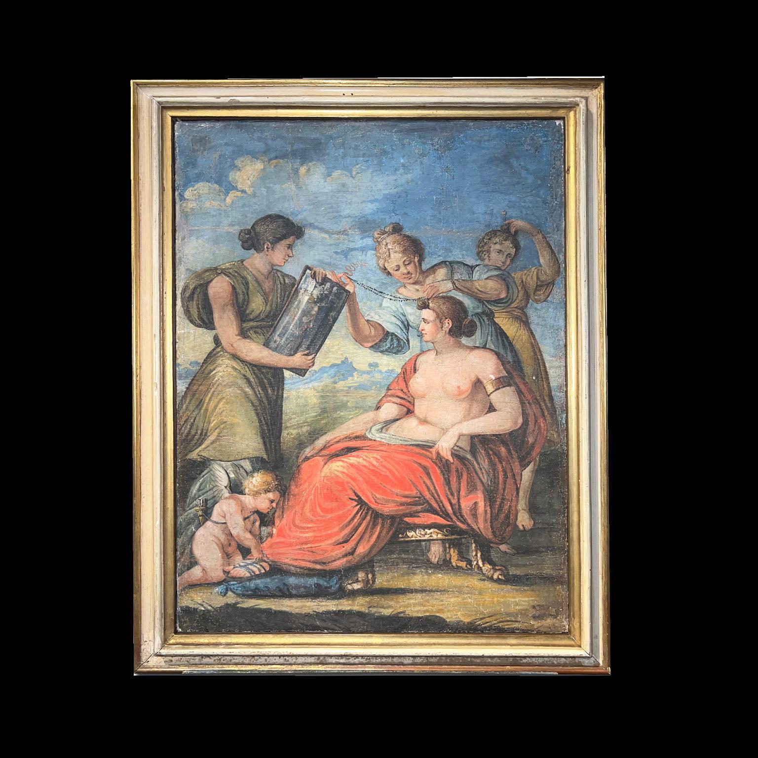 Prächtige neoklassizistische Darstellung, gemalt in Tempera auf Leinwand, die die Göttin Venus beim Baden zeigt. Die Göttin sitzt halbnackt und mit entblößten Brüsten da, umgeben von drei Dienern, die ihr zu Hilfe eilen. Zu ihren Füßen steht ihr