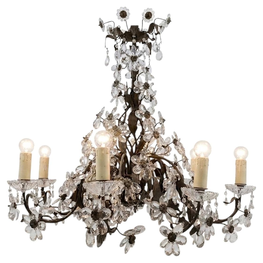 BRONZE AND CRYSTAL FLOWER CHANDELIER FROM THE SECOND HALF OF THE 19th CENTURY For Sale
