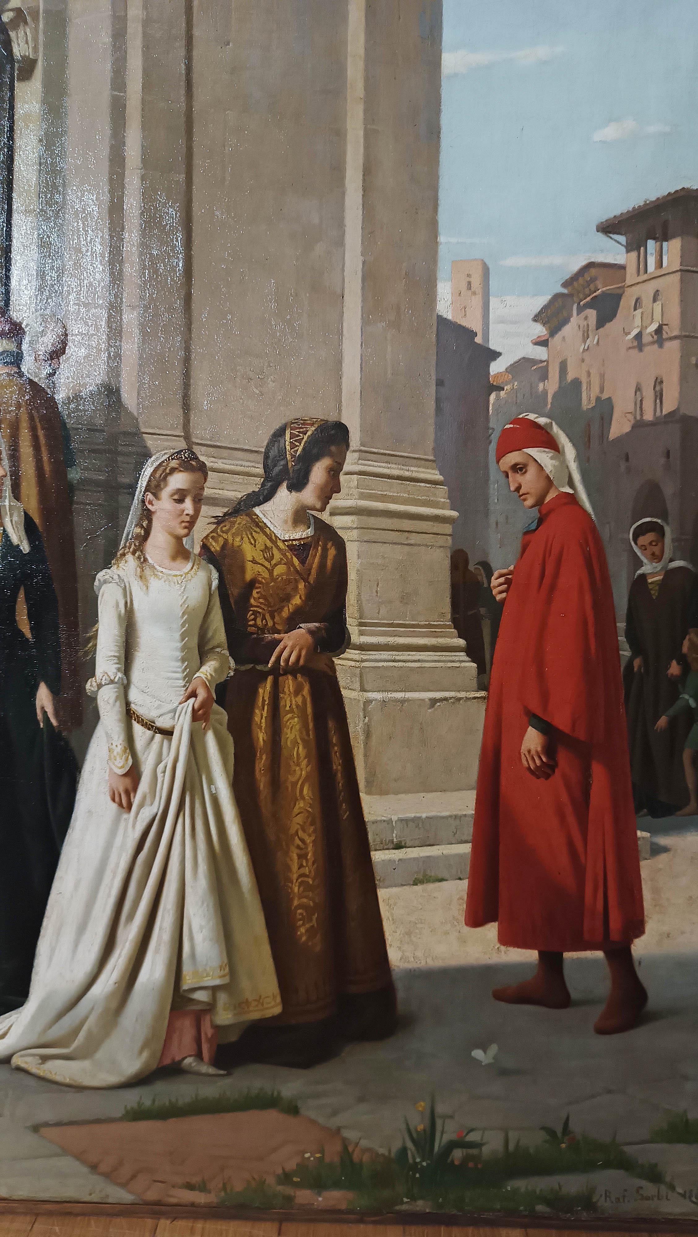 ZWEITE HÄLFTE DES 19. JAHRHUNDERTS DANTE UND BEATRICE MALEREI VON RAFFAELE SORBI (Handgeschnitzt) im Angebot