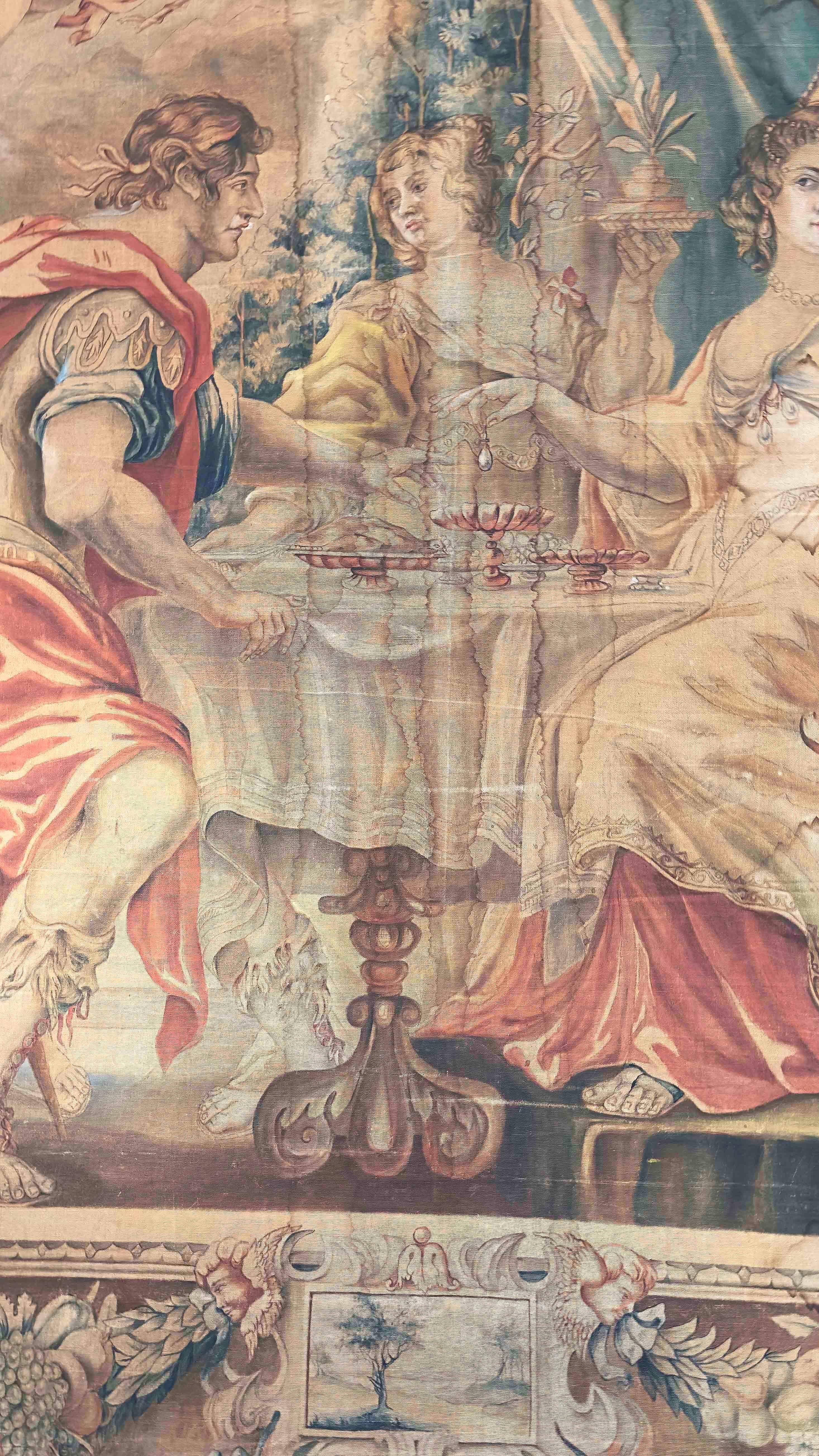 A beautiful, large painting on canvas made with vegetable dyes. The painting depicts the banquet between Antony and Cleopatra; as Plutarch notes, Cleopatra organized a sumptuous banquet to impress Antony, at the end of which she dissolved a precious