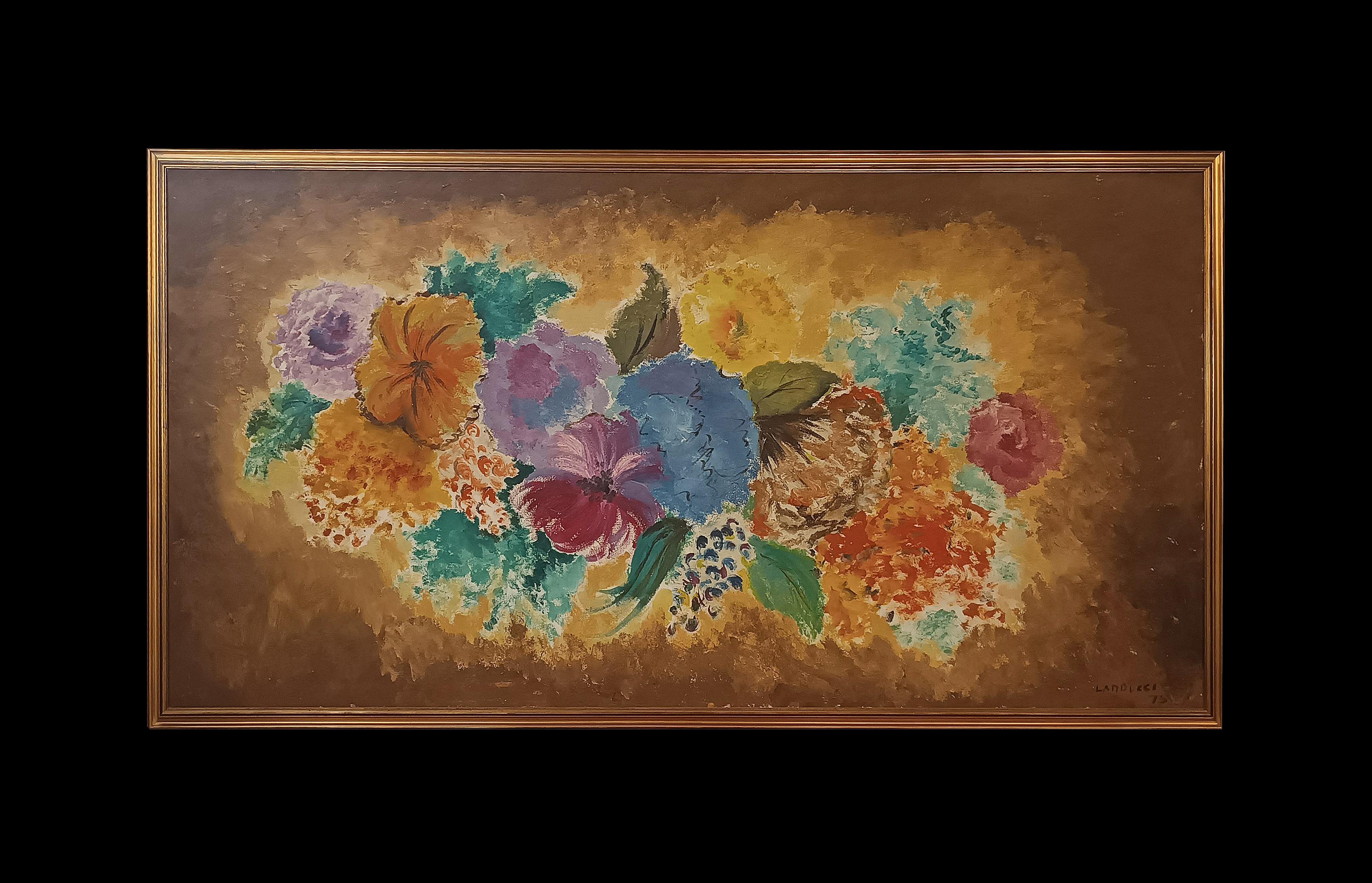 Prächtiges großes Ölgemälde auf Leinwand, gerahmt in einem raffiniert geschnitzten und vergoldeten Holzrahmen. Das Werk zeigt eine fast abstrakte Komposition aus verschiedenen Blumenarten, die sich von einem dunkelbraunen Hintergrund abheben. Die