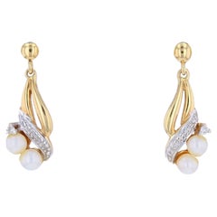 Second Hand Cultured Pearls Diamonds 18 Karat Yellow Gold Dangle Earrings