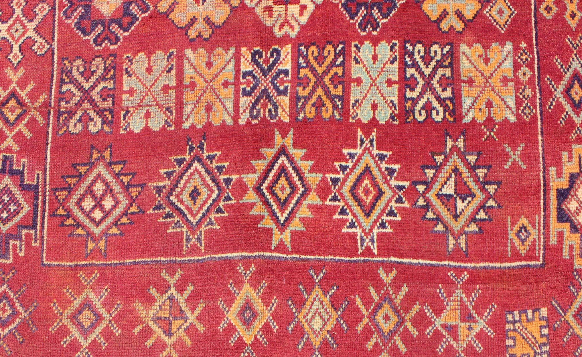 Antique Moroccan Rug in Crimson Red, Orange, Blue and Yellow 2