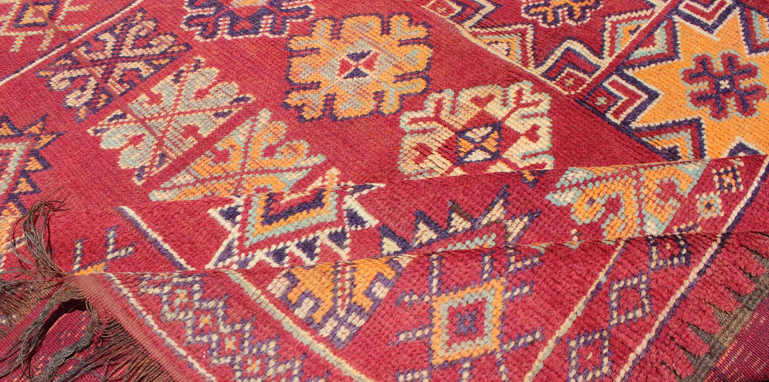 Antique Moroccan Rug in Crimson Red, Orange, Blue and Yellow 3