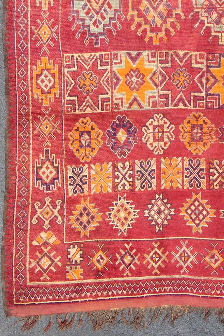 Tribal Antique Moroccan Rug in Crimson Red, Orange, Blue and Yellow