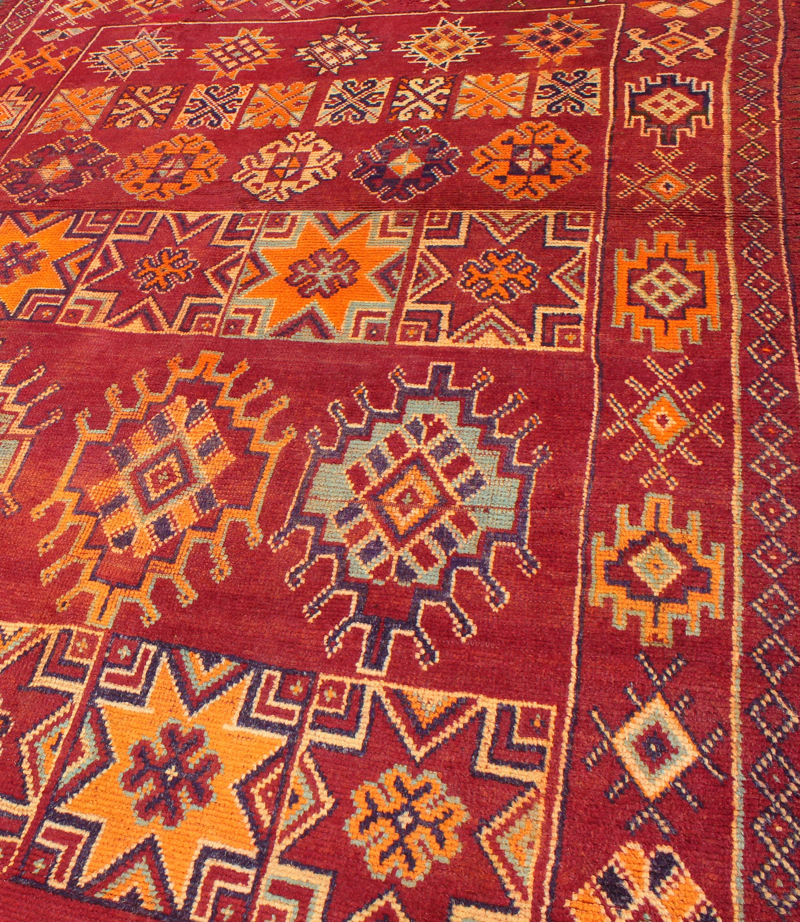 Hand-Knotted Antique Moroccan Rug in Crimson Red, Orange, Blue and Yellow