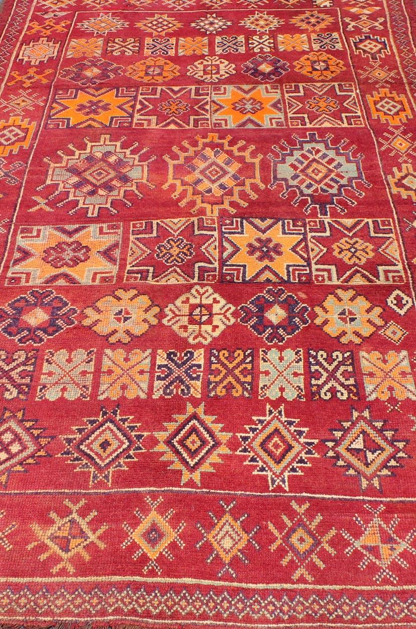 Antique Moroccan Rug in Crimson Red, Orange, Blue and Yellow In Good Condition In Atlanta, GA