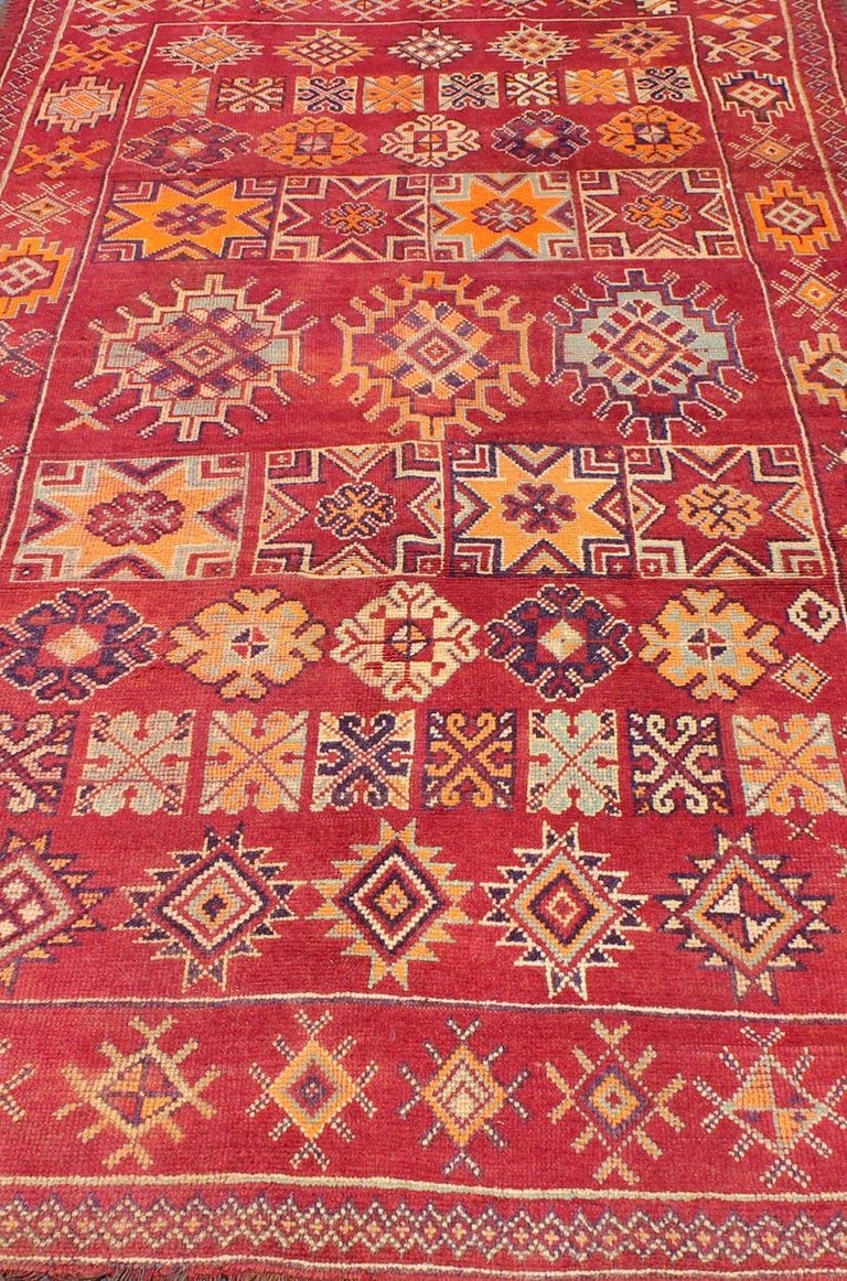 Mid-20th Century Antique Moroccan Rug in Crimson Red, Orange, Blue and Yellow