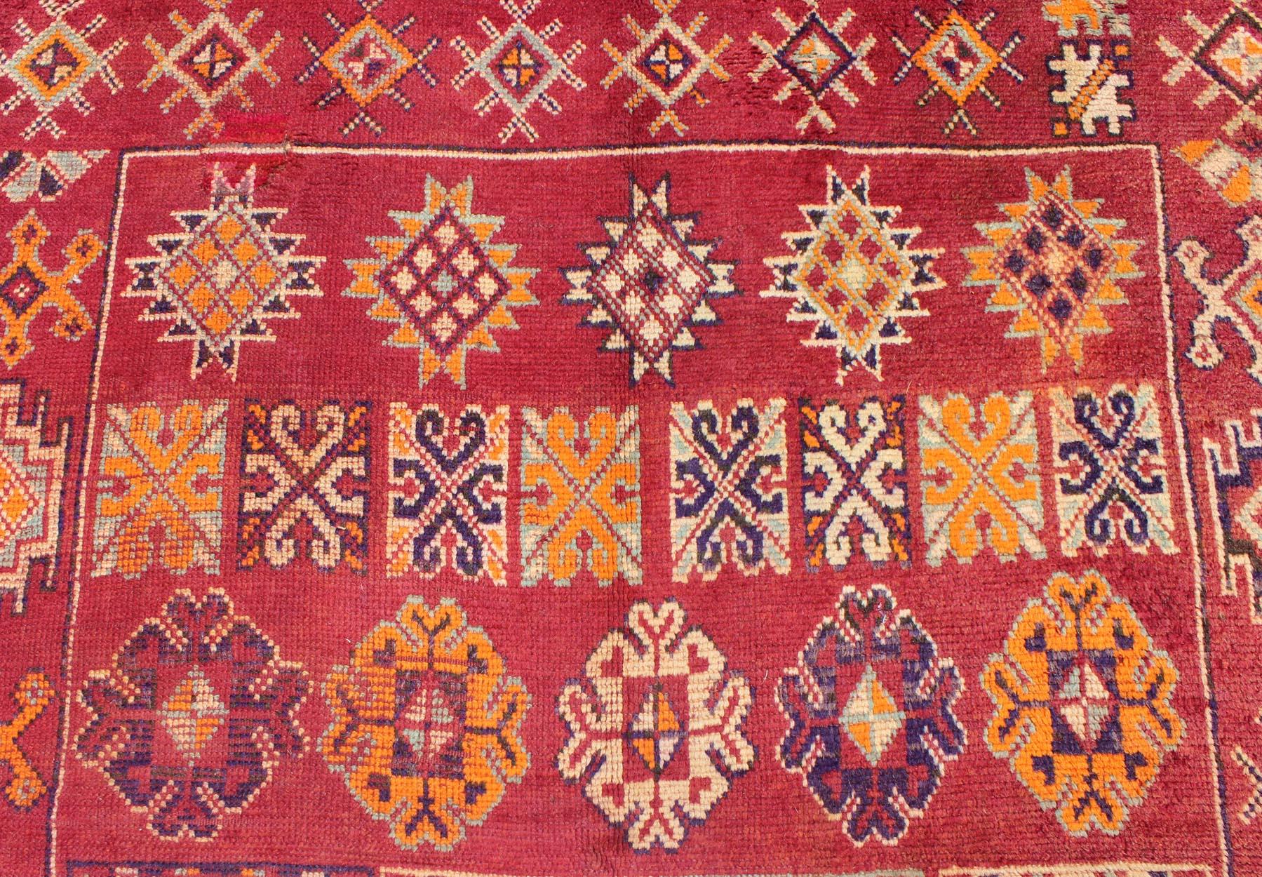 Antique Moroccan Rug in Crimson Red, Orange, Blue and Yellow 1