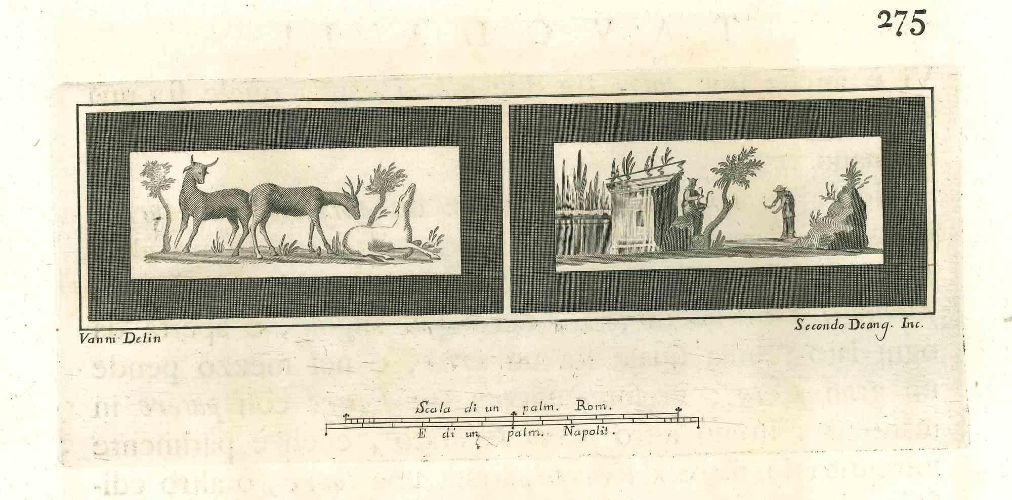 Antico affresco romano, dalla serie "Antichità di Ercolano", è un'acquaforte originale su carta realizzata da Secondo De Angelis nel XVIII secolo.

Firmato sulla lastra in basso a destra

Buone condizioni.

L'incisione appartiene alla suite di
